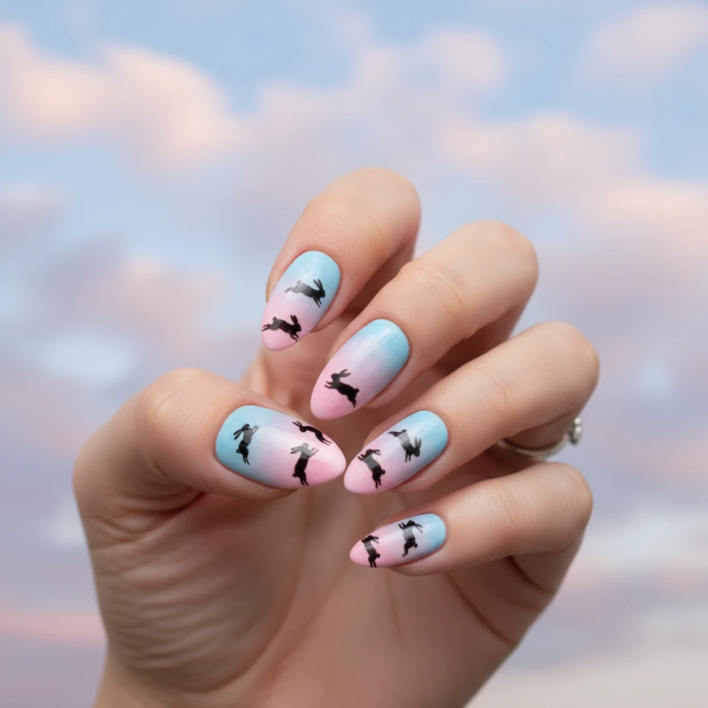 A beautiful macro photograph of one hand showing a detailed nail design featuring a soft, dreamy watercolor spring sky gradient in blues and pinks, decorated with delicate painted silhouettes of running bunnies. High-resolution, sharp focus on the nails. Aesthetic background of a blurred, ethereal morning sky with pastel cotton candy clouds. Modern, Instagram-worthy photography style. No faces visible, focus ONLY on the nails and hand., macro nail photography, high quality, Instagram-worthy, clean composition