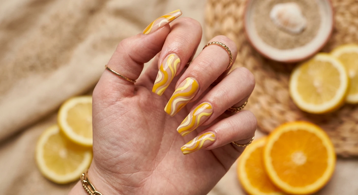A beautiful macro photograph of one hand showing a detailed nail design on long coffin-shaped nails. The manicure features a transparent neutral sand base with groovy, wavy abstract swirls of mustard yellow, bright lemon, and soft cream flowing organically across the nails. High-resolution, sharp focus on the nails. The aesthetic background features warm, blurred sandy textures and sliced citrus fruit. Modern, Instagram-worthy photography style. No faces visible, focus ONLY on the nails and hand., macro nail photography, high quality, Instagram-worthy, clean composition