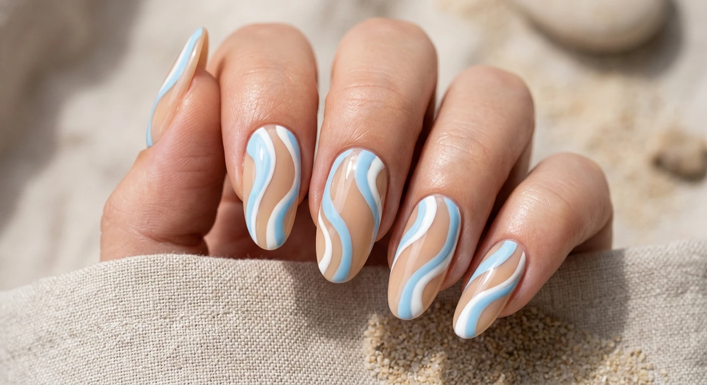 A beautiful macro photograph of one hand showing a nail design in detail, featuring long oval-shaped nails. The base is a warm, semi-sheer sand color heavily decorated with thick, wavy, abstract ribbons of pastel sky blue and crisp white swirling vertically and diagonally in a retro pattern, leaving parts of the negative space exposed. High-resolution, sharp focus on the nails. Aesthetic background of smooth, light-colored sand and draped pastel blue linen. Modern, Instagram-worthy photography style. No faces visible, focus ONLY on the nails and hand., macro nail photography, high quality, Instagram-worthy, clean composition