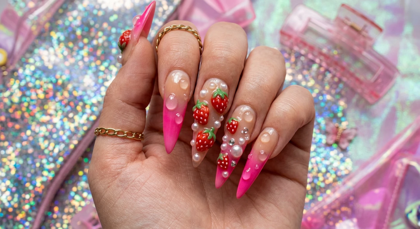 A beautiful macro photograph of one hand showing a nail design in detail, featuring extra-long stiletto nails with a vibrant hot pink to sheer tan gradient base. The nails are heavily embellished with 3D acrylic strawberry charms, tiny faux pearls, and clear sculpted gel water droplets, creating a highly textured, glossy, maximalist Y2K aesthetic. High-resolution, sharp focus on the nails. Aesthetic background of holographic materials and retro translucent pink accessories. Modern, Instagram-worthy photography style. No faces visible, focus solely on the nails and hand., macro nail photography, high quality, Instagram-worthy, clean composition