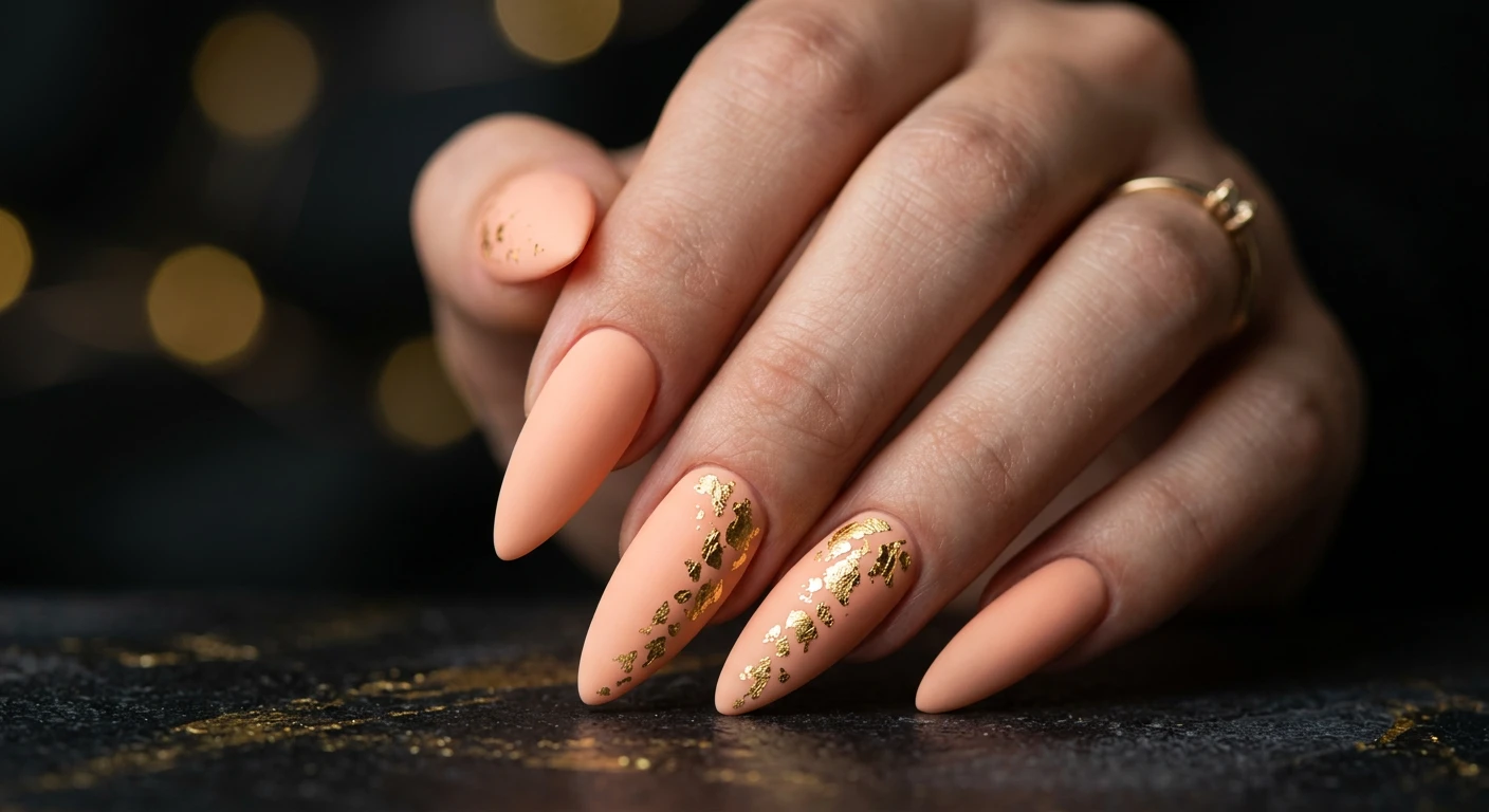 A beautiful macro photograph of one hand showing a nail design in detail, exhibiting long stiletto nails painted entirely in a velvety matte soft peach polish, elegantly embellished with delicate, irregular flecks of shiny gold foil placed diagonally across the ring and middle fingers. High-resolution, sharp focus on the nails, set against an aesthetic dark, moody background with subtle gold bokeh to make the nails pop. Modern, Instagram-worthy photography style, no faces visible, focus only on the nails and hand., macro nail photography, high quality, Instagram-worthy, clean composition