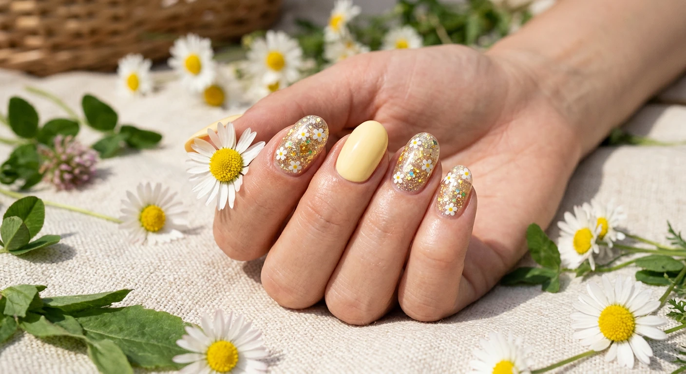 A beautiful macro photograph of one hand showing a flawless nail design in detail, no faces visible. Medium-length round nails painted with a soft, creamy butter yellow gel polish. The index and pinky fingers serve as clear hard gel accent nails, packed with encapsulated gold holographic glitter flakes and tiny, opaque white daisy flower-shaped glitters. High-resolution, sharp focus on the nails. Modern, Instagram-worthy photography style, set against an aesthetic background of a sun-drenched picnic blanket and scattered fresh daisies., macro nail photography, high quality, Instagram-worthy, clean composition