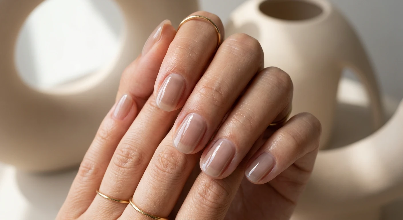 A beautiful macro photograph of one hand showing a nail design in detail, featuring a translucent, thick, syrup-like jelly polish in a cool-toned soft beige with an ultra-glassy, high-shine gloss finish. High-resolution, sharp focus on the nails. The aesthetic background consists of smooth, minimalist beige ceramic shapes with soft, curved shadows. Modern, Instagram-worthy photography style. No faces visible, focus ONLY on the nails and hand., macro nail photography, high quality, Instagram-worthy, clean composition