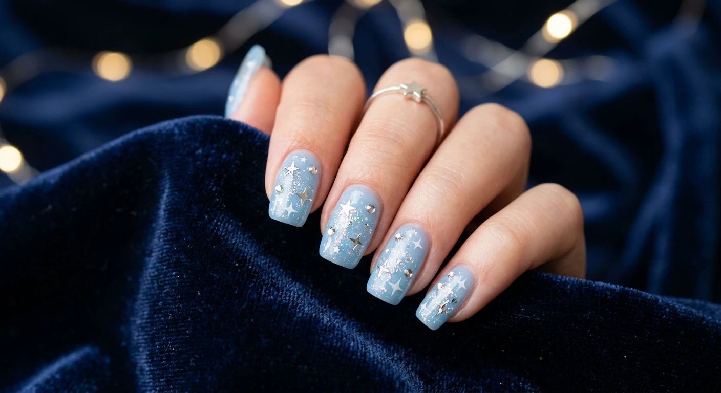 A beautiful macro photograph of one hand showing a celestial spring stardust nail design in detail. The nails feature a translucent baby blue jelly polish embedded with delicate silver foil stars, tiny rhinestones, and fine holographic glitter dust. High-resolution, sharp focus on the nails. The hand rests on draped plush navy blue velvet to make the pastel blue and twinkling silver pop. Modern, Instagram-worthy photography style with magical, glowing bokeh lighting. No faces visible, focus ONLY on the nails and hand., macro nail photography, high quality, Instagram-worthy, clean composition
