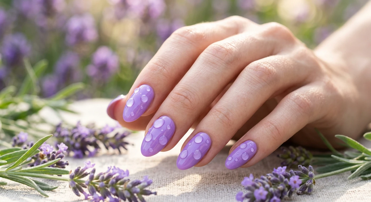 A beautiful macro photograph of one hand showing a nail design in detail, featuring a bright, highly reflective glossy lavender base coat completely covering the nails. The surface is adorned with organically scattered, transparent 3D gel water droplets of varying sizes, perfectly mimicking fresh morning dew catching the light. High-resolution, sharp focus on the nails and 3D textures. Aesthetic background of softly blurred fresh lavender sprigs and morning sunlight. Modern, Instagram-worthy photography style. No faces visible, focus ONLY on the nails and hand., macro nail photography, high quality, Instagram-worthy, clean composition
