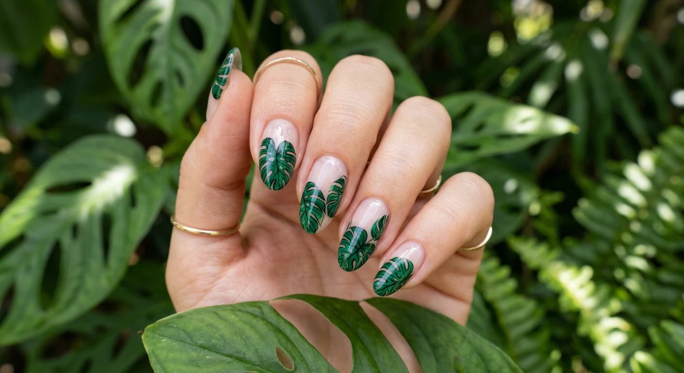 A beautiful macro photograph of one hand showing a Monstera Leaf Negative Space nail design in detail. The nails have a completely clear, ultra-glossy natural base. Highly detailed, deep emerald green Monstera plant leaves are hand-painted to organically sprout and overlap from the corners and side edges of the nails, leaving the center bare and showcasing the healthy nail bed. High-resolution, sharp focus on the nails. The aesthetic background is filled with softly blurred lush tropical greenery and real Monstera leaves. Modern, Instagram-worthy photography style. No faces visible, focus ONLY on the nails and hand., macro nail photography, high quality, Instagram-worthy, clean composition