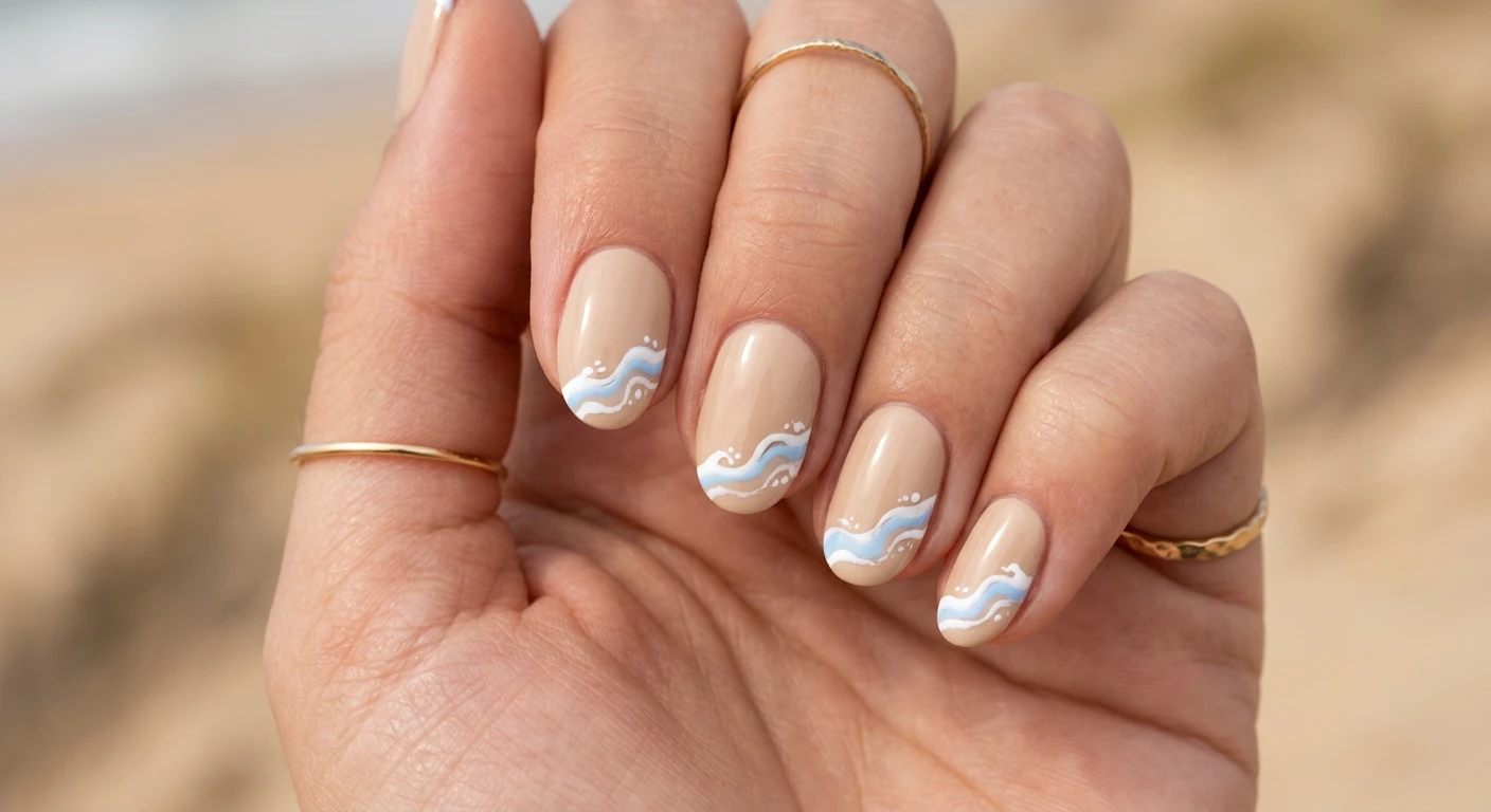 A beautiful macro photograph of one hand showing a nail design in detail. Short oval-shaped nails feature a flawless, opaque sand-beige base color covering the entire nail bed. The very tips showcase a delicate, asymmetrical swoop of baby blue and crisp white, mimicking a tiny wave gently washing up onto a sandy beach, finished with a high-gloss shine. The background is a minimalist, blurred warm sand dune aesthetic. High-resolution, sharp focus on the nails, modern Instagram-worthy photography style, no faces visible., macro nail photography, high quality, Instagram-worthy, clean composition