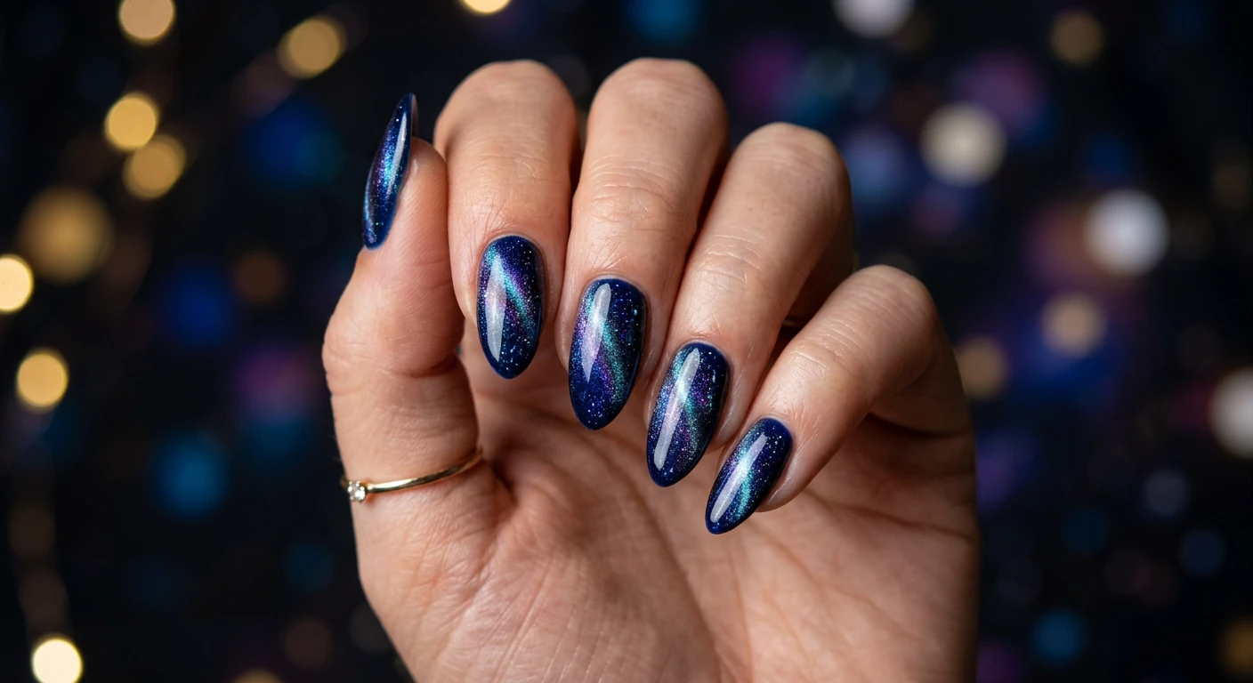 A beautiful macro photograph of one hand showing a Velvet Magnetic Midnight Galaxy nail design in detail. The nails are painted in a deep, inky midnight blue, featuring an intense, light-catching magnetic velvet finish that creates a sweeping, multidimensional illusion of a starry nebula. High-resolution, sharp focus on the nails. The aesthetic background is a moody, dark setting with subtle, glowing bokeh lights that echo distant stars. Modern, Instagram-worthy photography style. No faces visible, focus ONLY on the nails and hand., macro nail photography, high quality, Instagram-worthy, clean composition