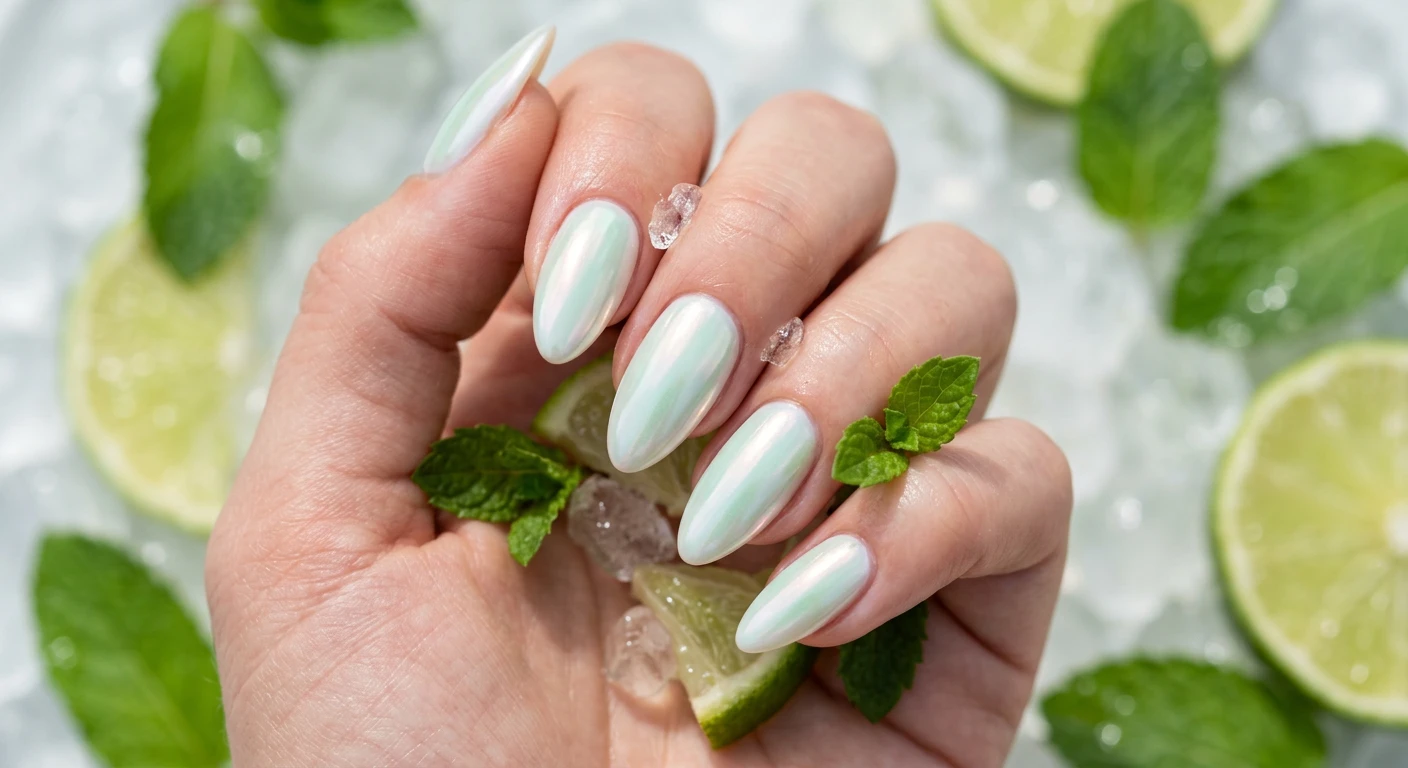 A beautiful macro photograph of one hand showing a Glazed Coconut Mojito nail design in detail, featuring a milky white base with a sheer, refreshing mint-green tint, topped with a high-shine pearlescent glazed chrome finish. High-resolution, sharp focus on the nails. Aesthetic background of blurred fresh mint leaves, crushed ice, and dewy lime wedges. Modern, Instagram-worthy photography style, crisp and bright lighting. No faces visible, focus ONLY on the nails and hand., macro nail photography, high quality, Instagram-worthy, clean composition