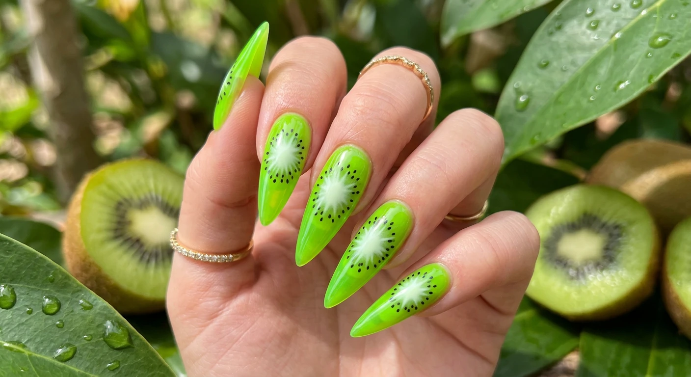 A beautiful macro photograph of one hand showing a nail design in detail. Sharp, long stiletto nails painted with a semi-translucent, vibrant neon green jelly polish that lets light shine through. The center of each nail features a soft white gradient starburst effect, surrounded by tiny, precise black dots to mimic kiwi seeds, encapsulated in a thick, juicy clear builder gel. High-resolution, sharp focus on the nails. Aesthetic background featuring fresh kiwi halves and tropical green leaves with morning dew. Modern, Instagram-worthy photography style. No faces visible, focus ONLY on the nails and hand., macro nail photography, high quality, Instagram-worthy, clean composition