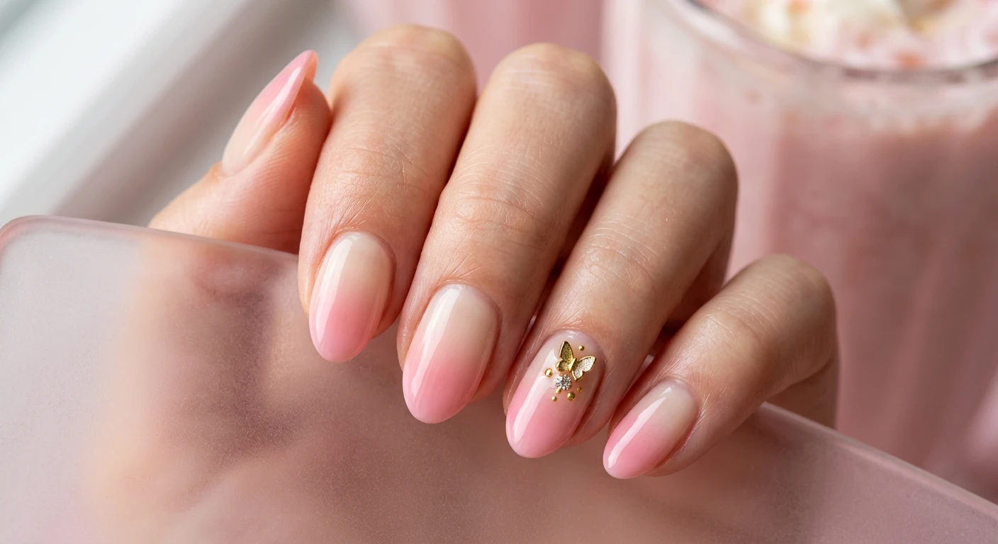 A beautiful macro photograph of one hand showing a nail design in detail. Flawless, classic oval nails featuring a sheer, milky cream base that fades seamlessly into a juicy, translucent soft baby pink at the tips, creating a blushing, syrup-like gradient. The ring finger highlights a micro-sized, highly detailed nail art accent. High-resolution, sharp focus on the nails. Aesthetic background of soft, frosted pastel pink glass and creamy milkshake-inspired textures. Modern, Instagram-worthy photography style. No faces visible, focus ONLY on the nails and hand., macro nail photography, high quality, Instagram-worthy, clean composition