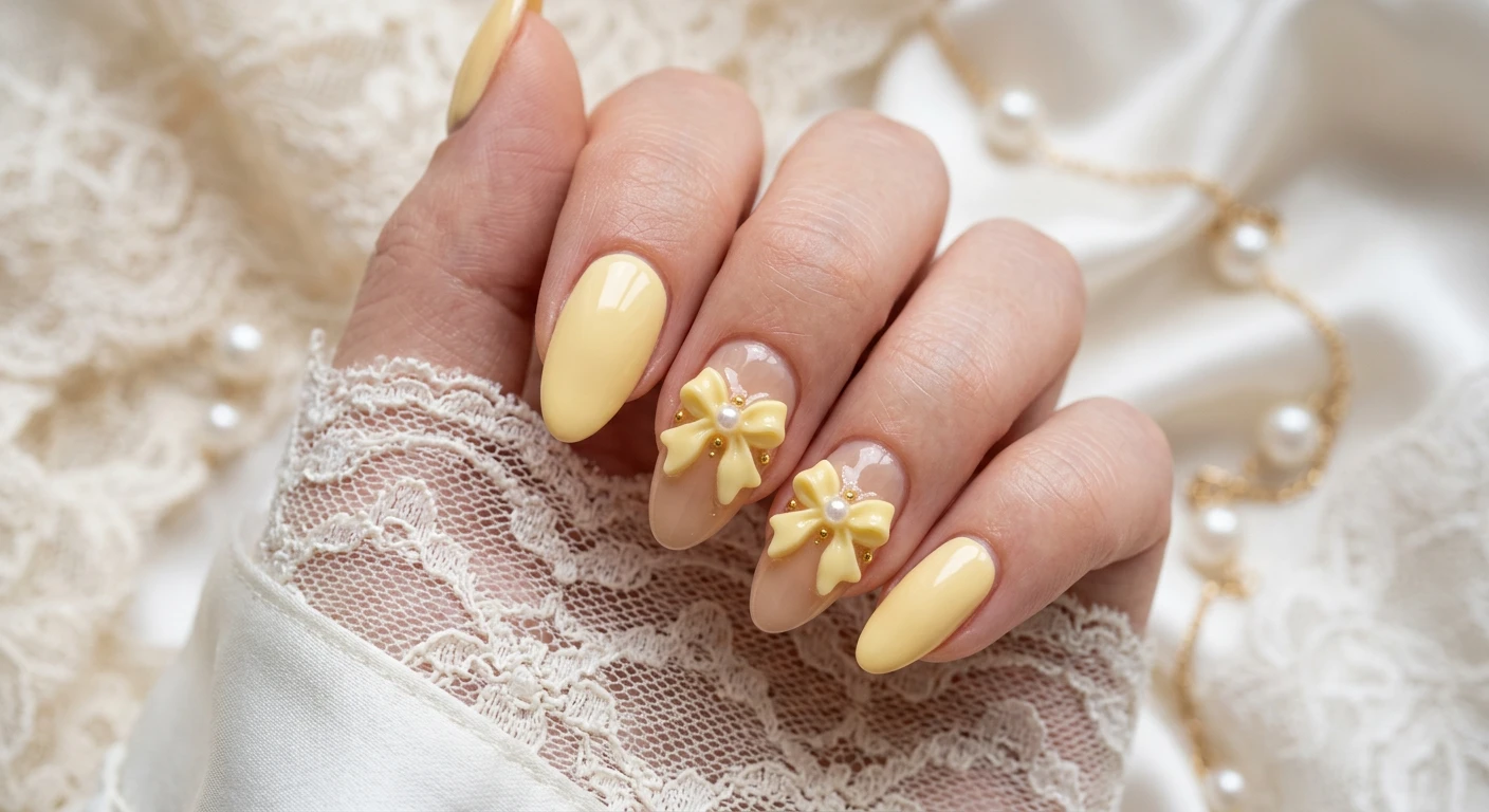 A beautiful macro photograph of one hand showing a nail design in detail. Medium almond shape nails with a sheer, warm sand base color. The index and pinky fingers are painted a solid, opaque butter yellow. The middle and ring fingers feature delicate, hand-painted 3D bows sculpted in butter yellow polish, elegantly accented with tiny white pearl charms. Aesthetic coquette-themed background with delicate white lace and soft satin. High-resolution, sharp focus on the nails, modern Instagram-worthy photography style, no faces visible, focus ONLY on the nails and hand., macro nail photography, high quality, Instagram-worthy, clean composition