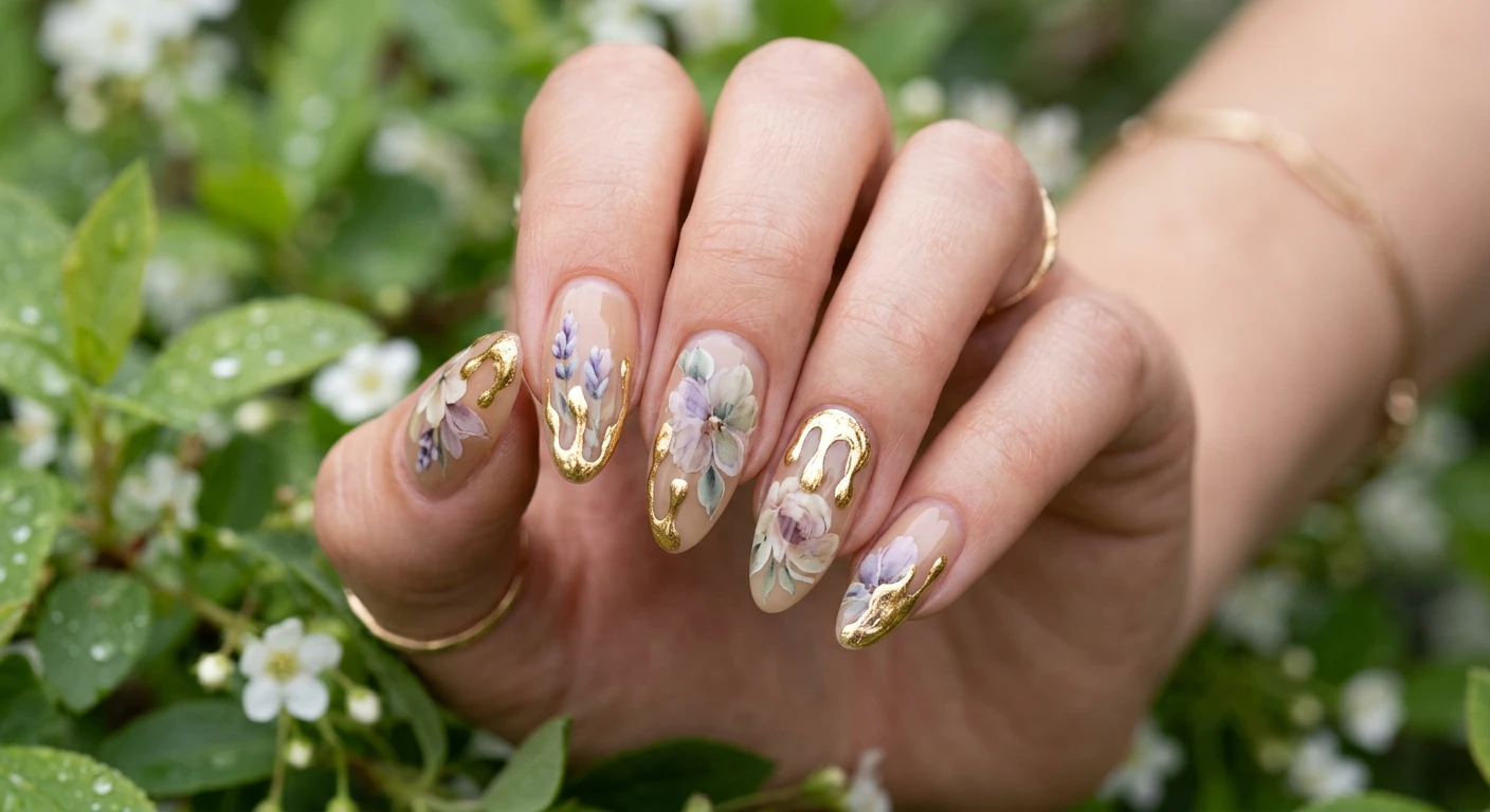 A beautiful macro photograph of one hand showing an elegant nail design on medium almond nails with a sheer, soft tan base. Heavy negative space is utilized at the sides of the nails, while the center of each nail features faded, watercolor-style floral blooms in lavender and soft sage green. Dripping from the tip down toward the center is an abstract, melted-looking gold foil accent. High-resolution, sharp focus solely on the nails and hand, no faces visible. Modern, Instagram-worthy photography style with an aesthetic, softly out-of-focus background of dewy spring leaves and gentle morning light., macro nail photography, high quality, Instagram-worthy, clean composition