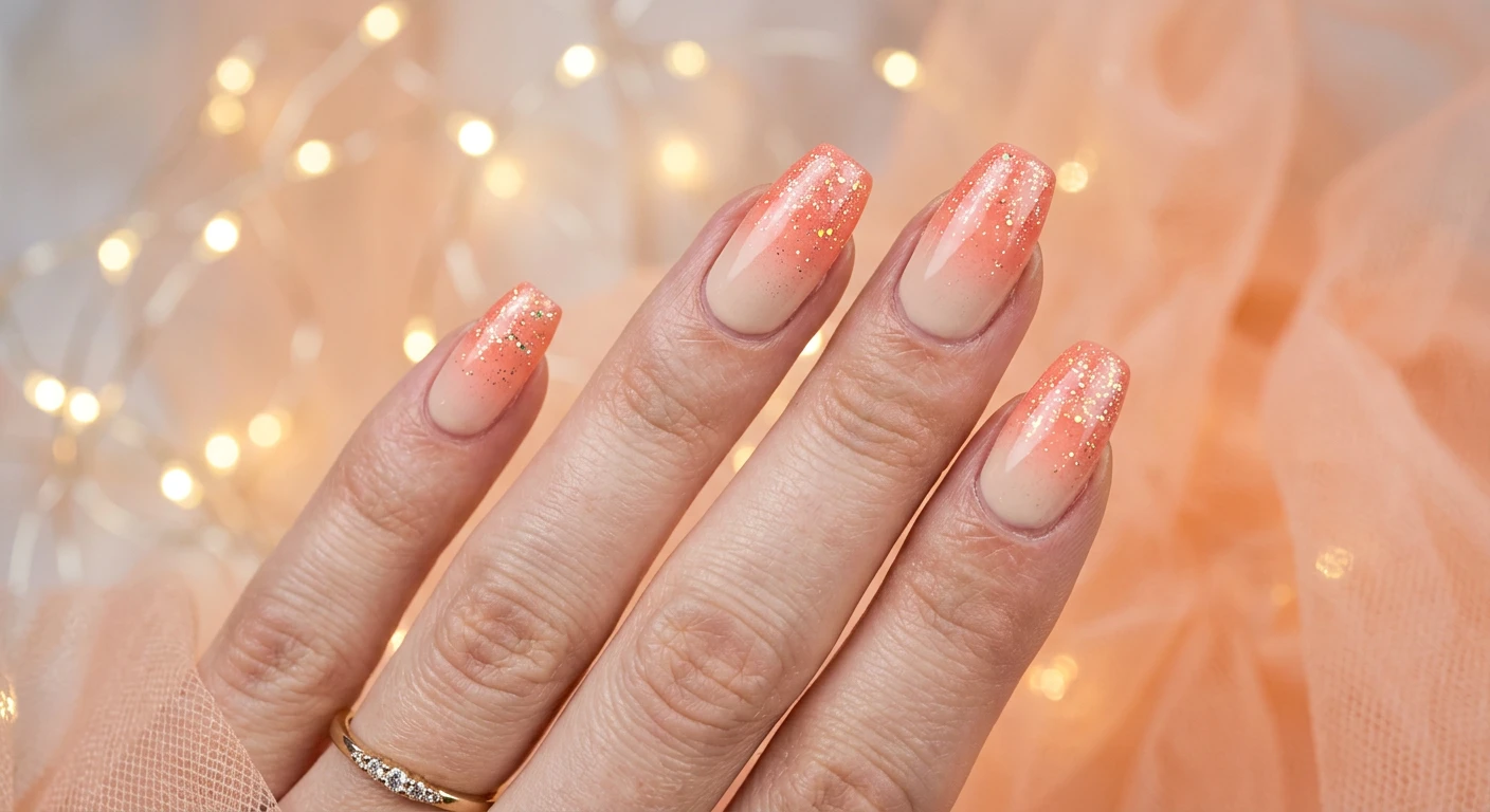 A beautiful macro photograph of one hand showing a nail design in detail, featuring a pale, creamy beige cuticle that seamlessly fades into a vibrant soft coral ombré tip. The coral half is beautifully overlaid with delicate micro-shimmer glitter catching the light with tiny holographic flecks. High-resolution, sharp focus on the nails. Aesthetic background of shimmering fairy lights and soft peach tulle fabric. Modern, Instagram-worthy photography style. No faces visible, focus ONLY on the nails and hand., macro nail photography, high quality, Instagram-worthy, clean composition