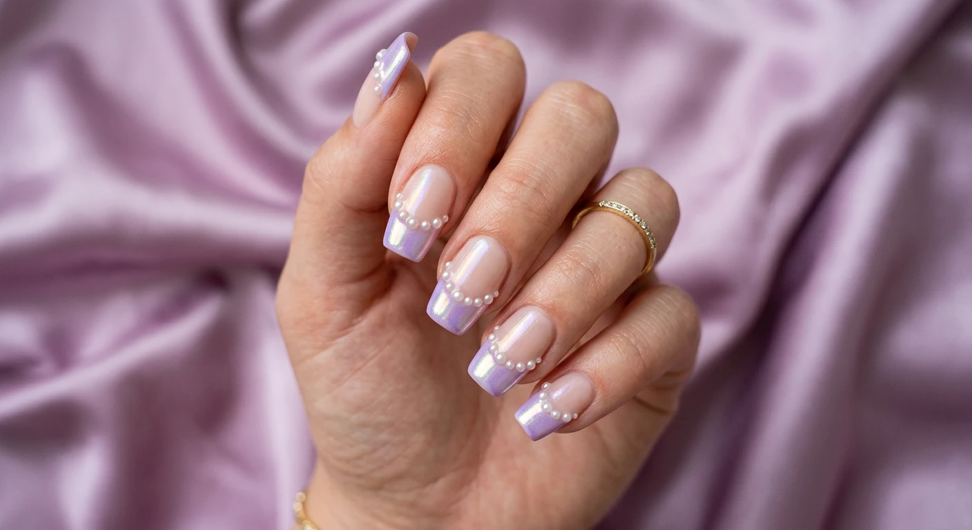 A beautiful macro photograph of one hand showing a Pearl-Adorned Lavender Glazed Tips nail design in detail. The nails feature soft lavender French tips coated in a highly reflective, iridescent "glazed donut" chrome shimmer, elegantly accented with tiny 3D pearls placed along the smile line. High-resolution, sharp focus on the nails. The aesthetic background is a luxurious, softly blurred draped lilac satin fabric. Modern, trendy, Instagram-worthy photography style. No faces visible, focus ONLY on the nails and hand., macro nail photography, high quality, Instagram-worthy, clean composition