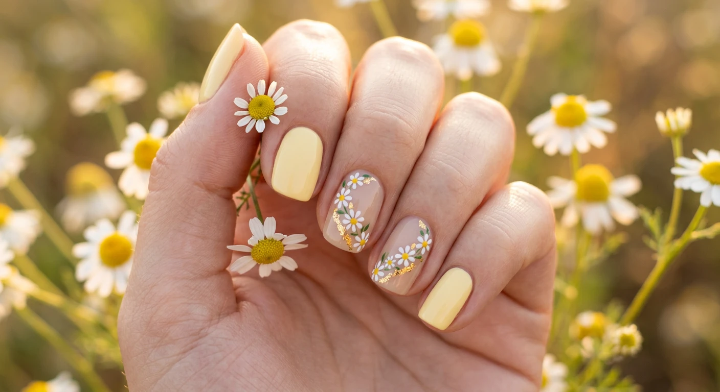 A beautiful macro photograph of one hand showing a soft yellow daisy nail design in detail. Short, rounded nails. The thumb, index, and pinky nails are painted in a creamy, pastel butter-yellow polish. The middle and ring fingers feature a semi-sheer beige base adorned with a hand-painted curved daisy chain made of small white daisies with yellow centers, elegantly woven with bright gold foil accents. High-resolution, sharp focus on the nails. Aesthetic background of fresh chamomile flowers bathed in soft golden hour light. Modern, Instagram-worthy photography style. No faces visible, focus ONLY on the nails and hand., macro nail photography, high quality, Instagram-worthy, clean composition
