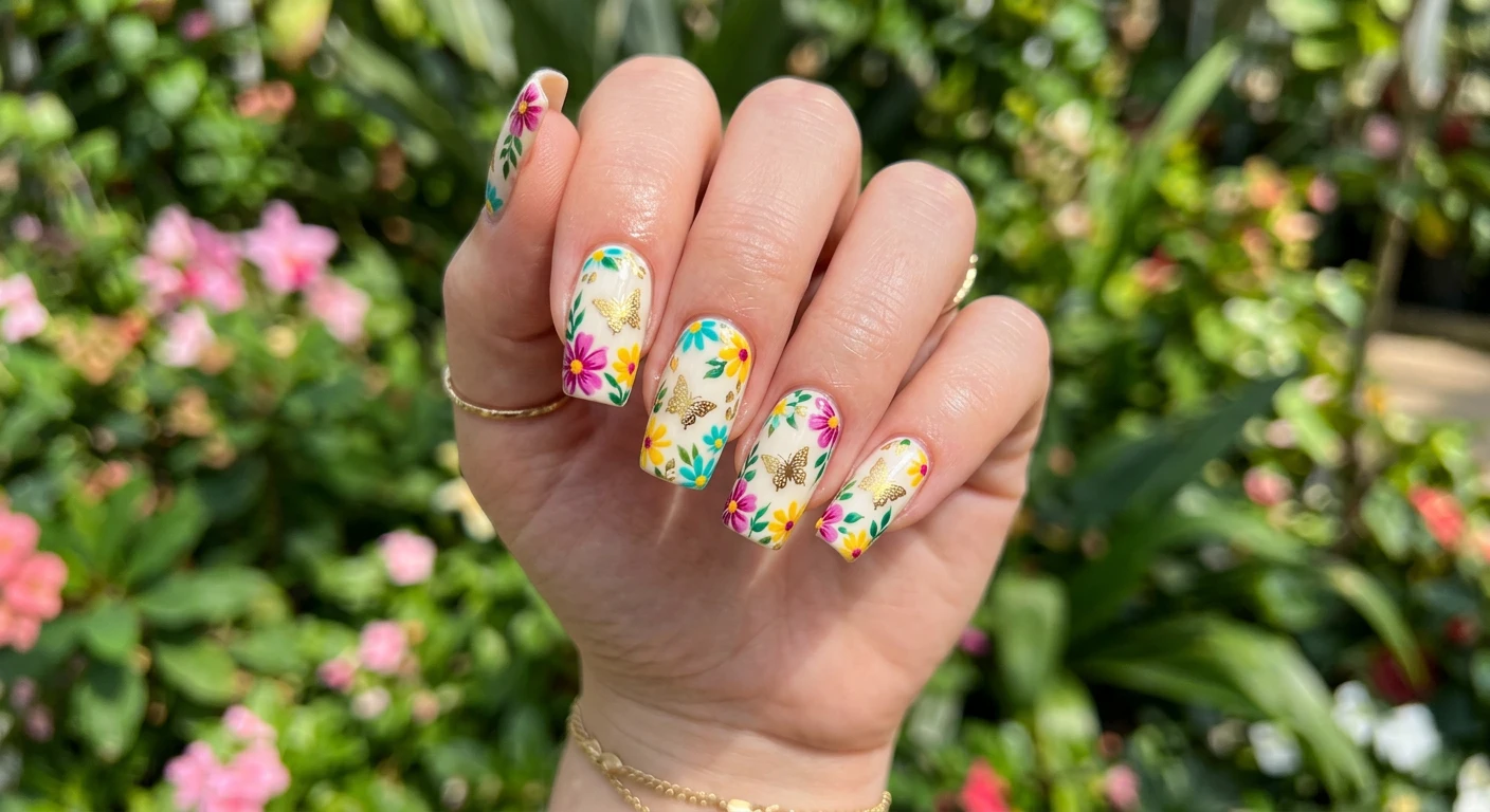A beautiful macro photograph of one hand showing a nail design in detail, featuring a creamy off-white base adorned with micro-painted, vibrant spring flowers in magenta, sunflower yellow, and bright teal along the tips and cuticles of medium-length square nails. Intertwined within the floral border are delicate, stamped metallic gold foil butterflies catching the light. High-resolution, sharp focus on the nails. Aesthetic background of a lush, softly blurred botanical garden setting. Modern, Instagram-worthy photography style. No faces visible, focus ONLY on the nails and hand., macro nail photography, high quality, Instagram-worthy, clean composition
