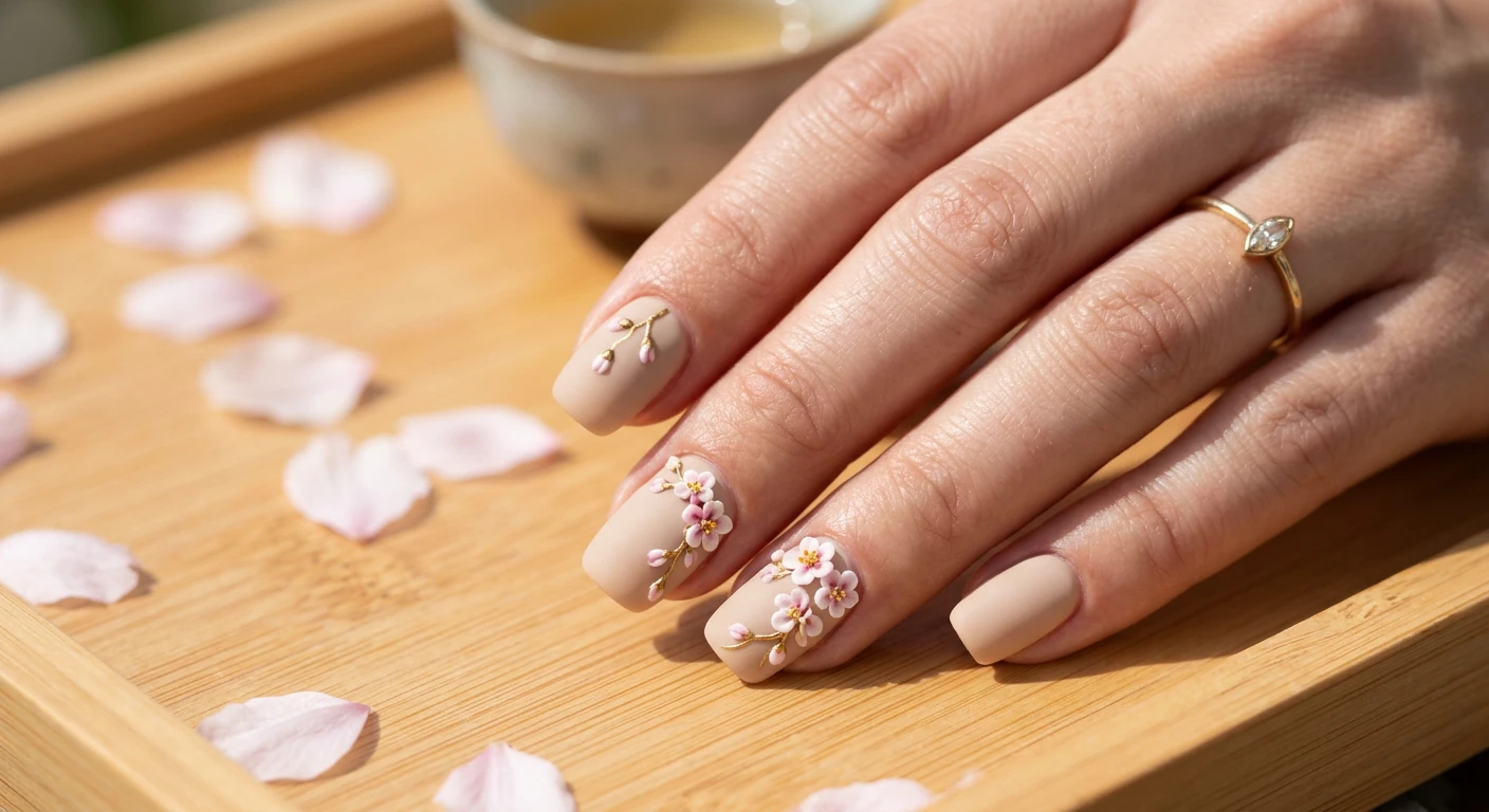 A beautiful macro photograph of one hand showing a minimalist matte sand-toned nail base accented with elegant, cascading 3D cherry blossoms. High-resolution, sharp focus on the clean cuticles and delicate pink floral art. Aesthetic, serene background with light bamboo wood and scattered soft pink petals. Modern, Instagram-worthy minimalist photography style with bright, natural sunlight. No faces visible, focus ONLY on the nails and hand., macro nail photography, high quality, Instagram-worthy, clean composition