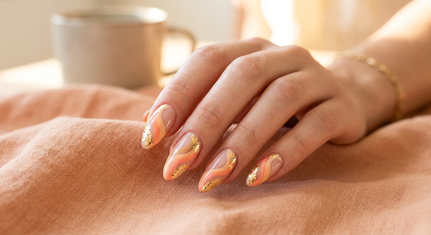 A beautiful macro photograph of one hand showing a nail design in detail, featuring medium almond nails with a perfectly clear, glossy base. Wavy, retro-inspired abstract swirls in vibrant pastel peach and warm sand tones flow diagonally down the nail bed, with strategic placements of chunky gold foil overlapping the edges of the colored swirls. High-resolution, sharp focus on the nails, set against an aesthetic background of warm peach-toned linen and soft, glowing morning light. Modern, Instagram-worthy photography style. No faces visible, focus ONLY on the nails and hand., macro nail photography, high quality, Instagram-worthy, clean composition