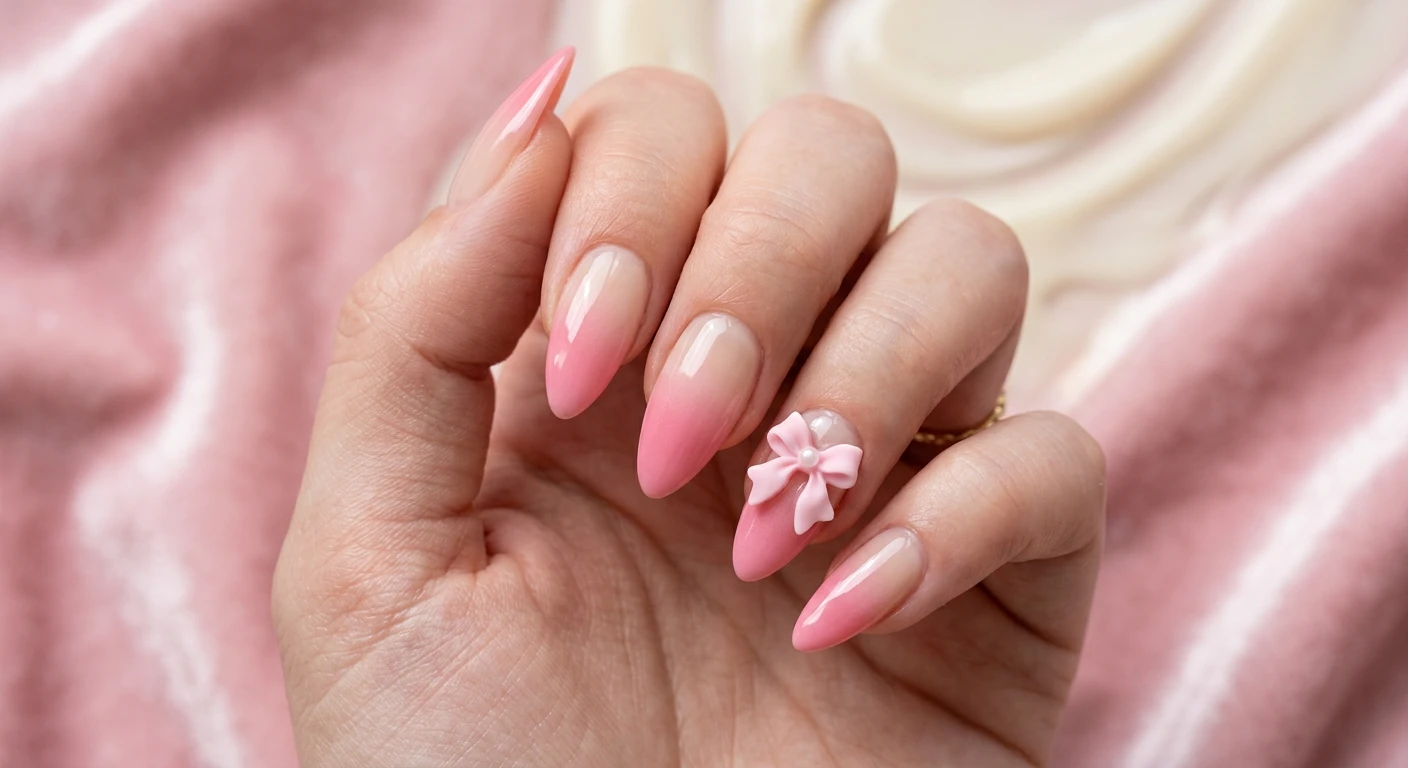 A beautiful macro photograph of one hand showing a nail design in detail, featuring a sweet gradient fading from a sheer pale beige at the cuticle into a rich, opaque pastel strawberry pink at the tips. The nails are a medium stiletto shape with a glossy top coat, featuring a tiny, 3D sculpted pastel pink bow at the cuticle of the ring finger. High-resolution, sharp focus on the nails. Aesthetic background of pastel pink velvet and subtle creamy swirls. Modern, Instagram-worthy photography style. No faces visible, focus ONLY on the nails and hand., macro nail photography, high quality, Instagram-worthy, clean composition
