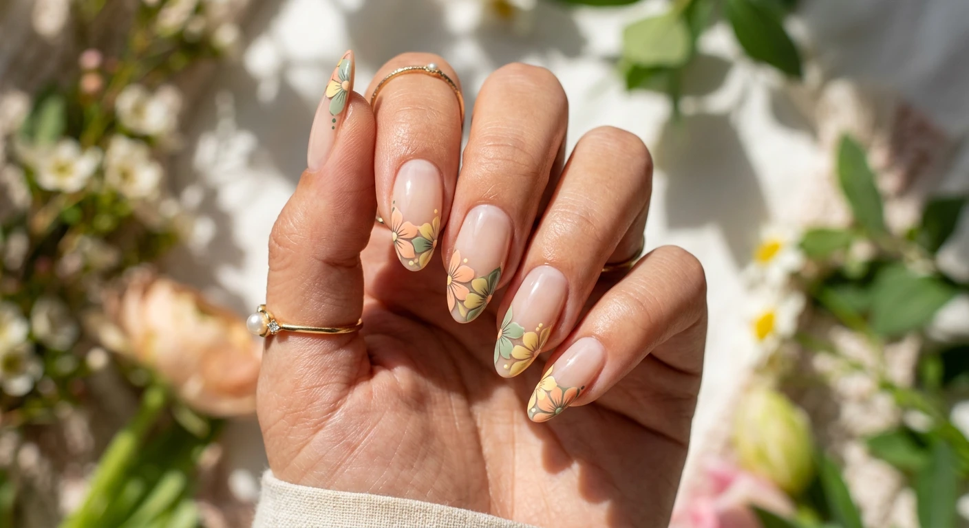 A beautiful macro photograph of one hand showing a nail design in detail, featuring medium almond nails with a sheer cream jelly base. The ends of the nails feature a French tip remix made of a cluster of interlocking graphic flower petals in shades of soft peach, sage green, and buttery yellow with crisp, graphic details. High-resolution, sharp focus on the nails. Modern, Instagram-worthy photography style against an aesthetic bright spring background with dappled sunlight and soft floral shadows. No faces visible, focus ONLY on the nails and hand., macro nail photography, high quality, Instagram-worthy, clean composition