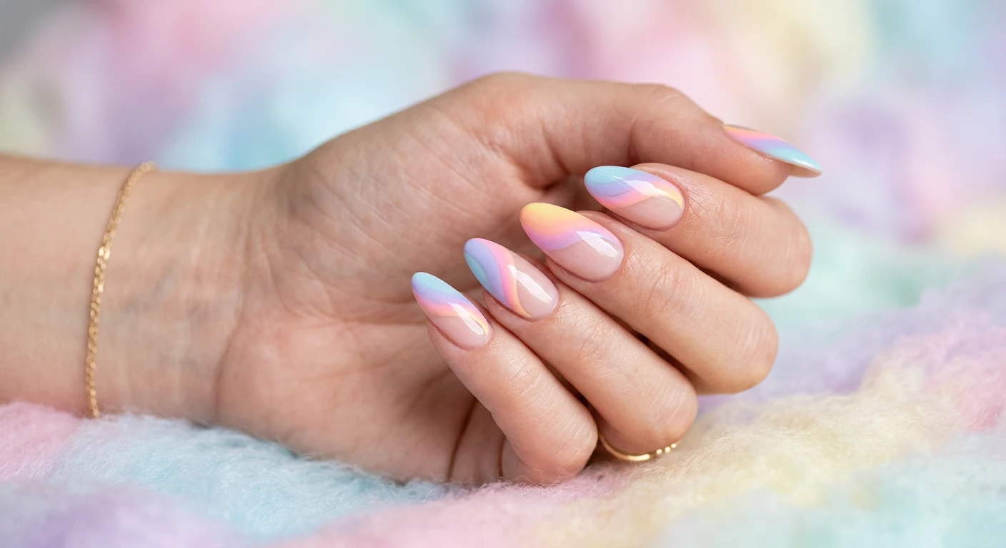 A beautiful macro photograph of one hand showing a detailed nail design, high-resolution and sharp focus on medium-length almond shaped nails. The base is a flawless, sheer neutral pink highlighting thick, flowing diagonal swirls painted in a seamless, melting pastel gradient ombre. Modern, Instagram-worthy photography style. Aesthetic background of dreamy, blurred pastel colors resembling spun sugar or soft candy. No faces visible, focus ONLY on the nails and hand., macro nail photography, high quality, Instagram-worthy, clean composition
