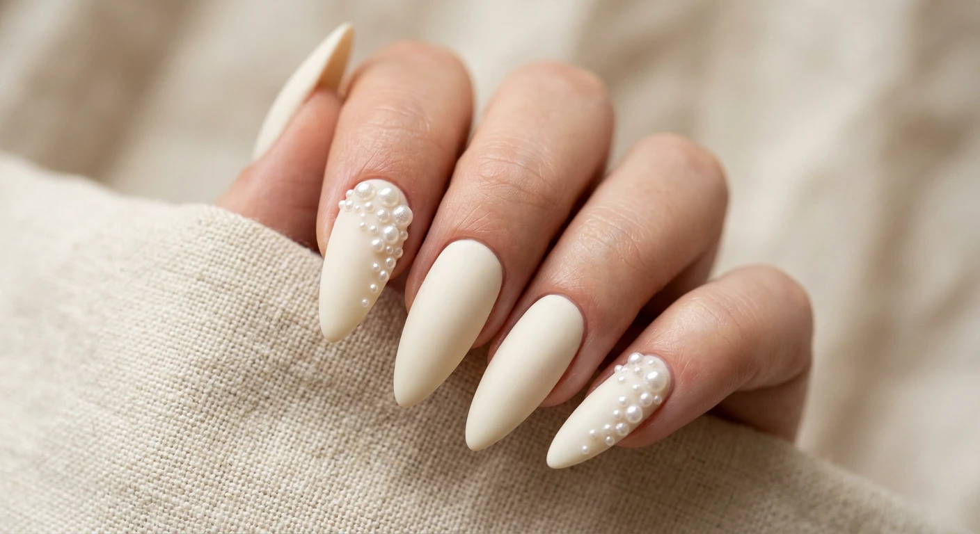 A beautiful macro photograph of one hand showing a nail design in detail, featuring long stiletto nails coated in a solid, opaque cream polish with a velvety matte top coat. The index and pinky accent fingers have asymmetrical clusters of tiny pearls of varying micro-sizes grouped near the tips, resembling sea foam. High-resolution, sharp focus on the nails, set against an aesthetic creamy textured linen background. Modern, Instagram-worthy photography style, no faces visible, focus ONLY on the nails and hand., macro nail photography, high quality, Instagram-worthy, clean composition
