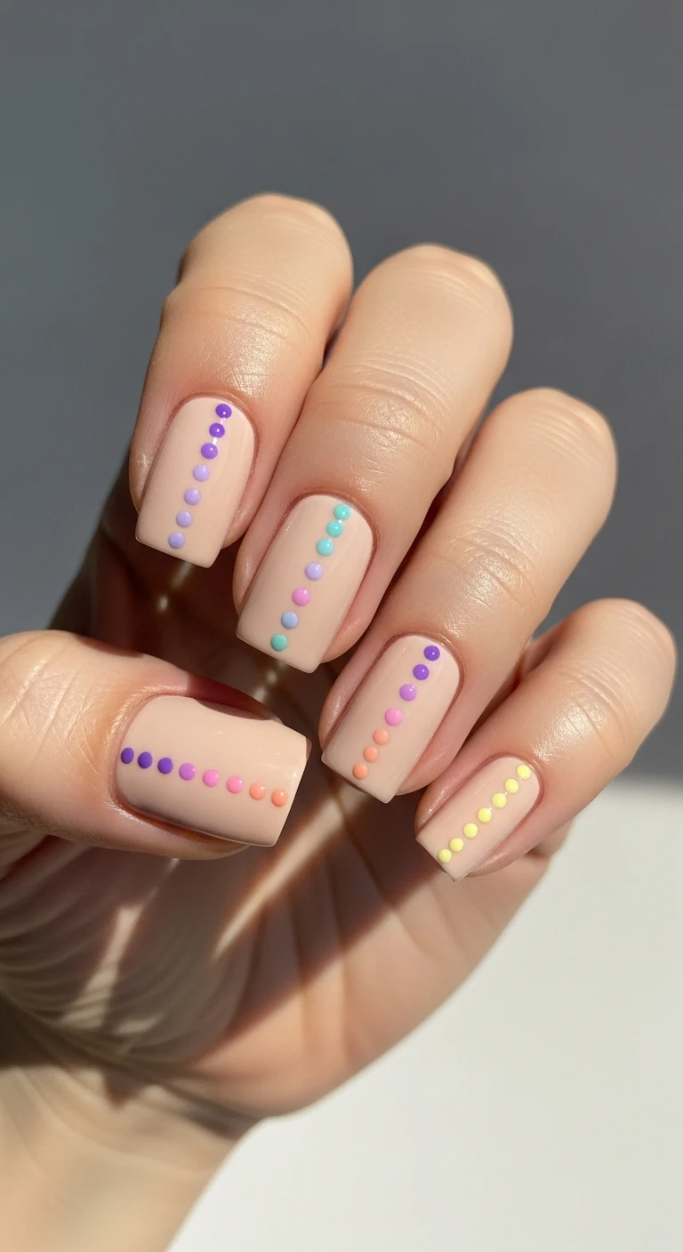 A beautiful macro photograph of one hand showing a nail design in detail. The nails have a flawless solid beige background, detailed with a single vertical line of five tiny micro-dots running straight down the center of each nail. The dots feature a perfect pastel ombre, fading from deep lavender at the cuticle to soft lilac, baby pink, peach, and pale yellow at the tip. High-resolution, sharp focus on the nails. The background is a clean, minimal matte pastel environment bathed in diffused, dreamy spring sunlight. Modern, Instagram-worthy photography style. No faces visible, focus ONLY on the nails and hand., macro nail photography, high quality, Instagram-worthy, clean composition