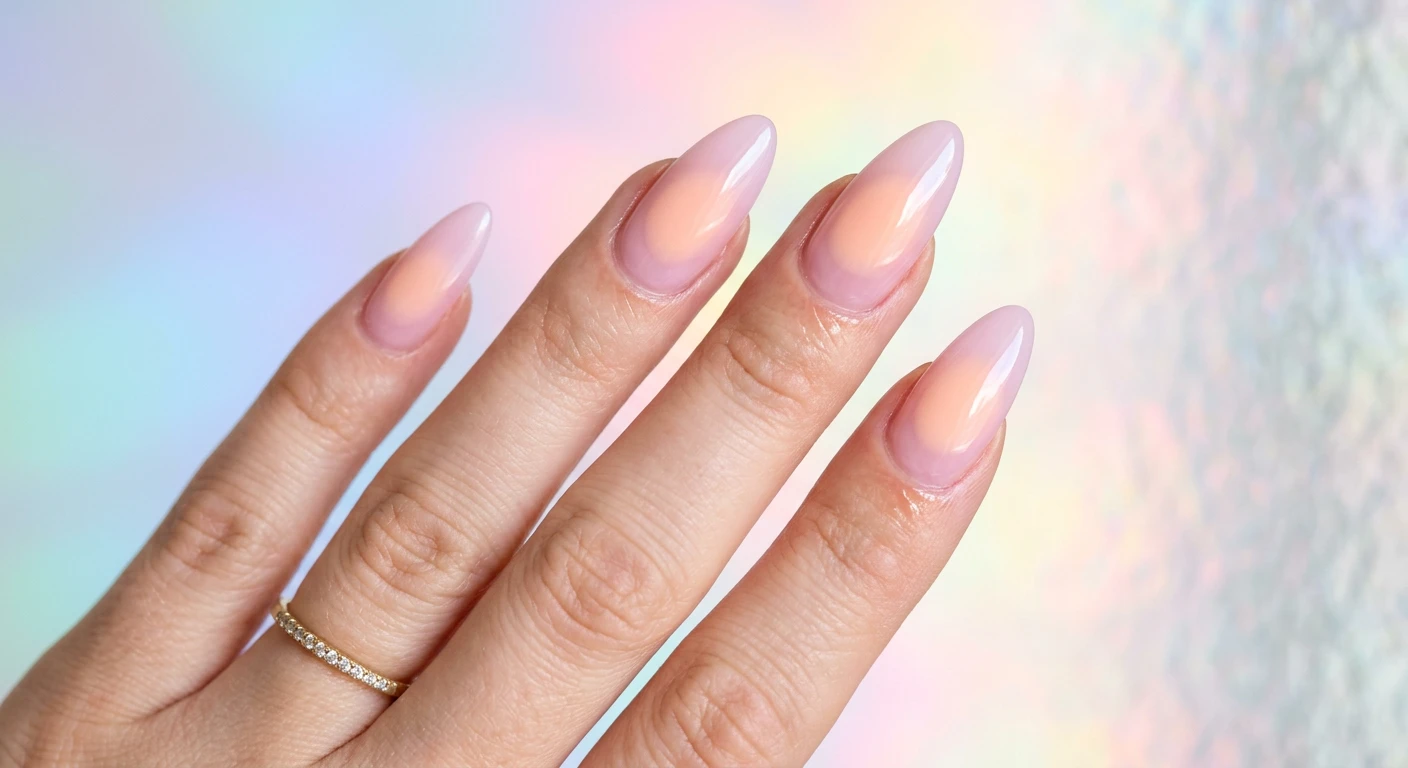 A beautiful macro photograph of one hand showing a nail design in detail, featuring a seamless aura ombré effect with a sheer, cool-toned bubble bath pink base and a highly diffused, airbrushed circular center of creamy, warm pastel peach. Styled on a long, sweeping almond shape and finished with a glowing, glassy top coat. High-resolution, sharp focus on the nails. Aesthetic background of softly glowing, dreamy pastel gradient lights through frosted glass. Modern, Instagram-worthy photography style. No faces visible, focus ONLY on the nails and hand., macro nail photography, high quality, Instagram-worthy, clean composition