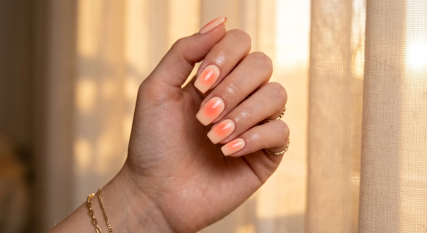 A beautiful macro photograph of one hand showing a Sunset Gradient Aura nail design in detail. The nails feature a smooth, opaque pale peach base with a glowing, circular aura gradient concentrated in the center that slowly diffuses outward, highlighting a bright, warm coral hue. High-resolution, sharp focus on the nails. Aesthetic background of a warm, blurred golden hour sunset light filtering through sheer curtains. Modern, Instagram-worthy photography style. No faces visible, focus ONLY on the nails and hand., macro nail photography, high quality, Instagram-worthy, clean composition