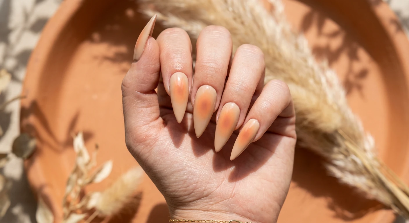 A beautiful macro photograph of one hand showing a nail design in detail, featuring long, dramatically sharp stiletto nails. The polish is a soft, warm sand-colored base with the center of each nail showcasing a highly diffused, seamlessly airbrushed aura effect radiating outward in stunning shades of soft peach and warm terracotta orange. Aesthetic background of warm, sunlit terracotta clay and soft dried pampas grass shadows. High-resolution, sharp focus on the nails, modern Instagram-worthy photography style. No faces visible, focus ONLY on the nails and hand., macro nail photography, high quality, Instagram-worthy, clean composition