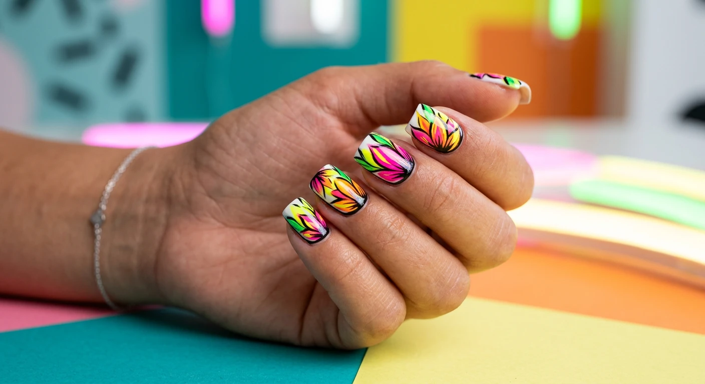 A beautiful macro photograph of one hand showing an edgy nail design in detail, featuring neon pop art petals bursting with vibrant fluorescent pinks, yellows, and electric greens, complete with bold black comic-book style outlines. High-resolution, sharp focus on the nails. Aesthetic background of a bright, color-blocked studio setting with subtle neon light reflections. Modern, Instagram-worthy photography style. No faces visible, focus ONLY on the nails and hand., macro nail photography, high quality, Instagram-worthy, clean composition