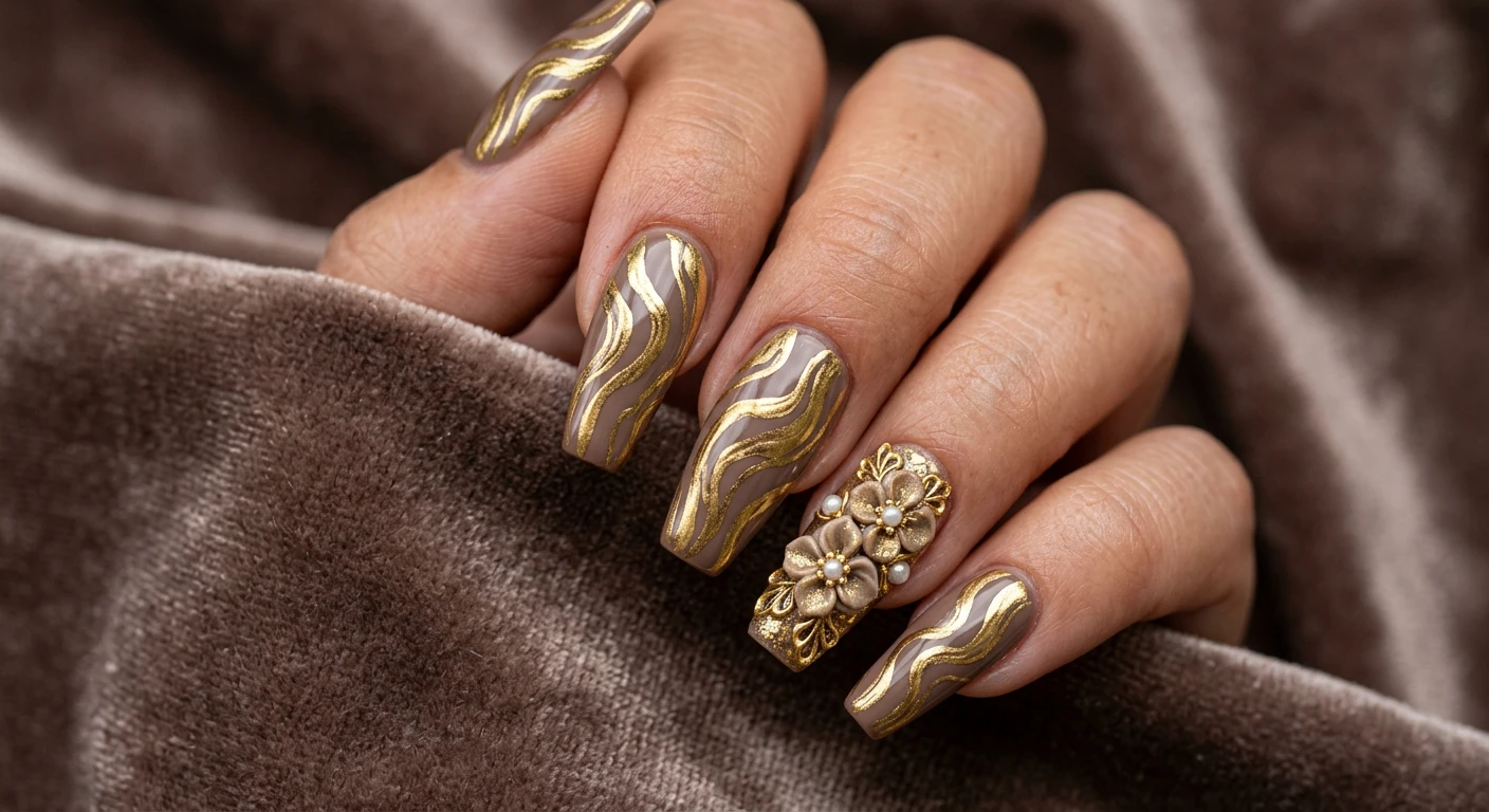 A beautiful macro photograph of one hand showing an extravagant nail design in detail. Medium coffin nails painted in a solid, opaque rich taupe base color. Abstract, wavy metallic gold foil stripes wander organically from the cuticle to the free edge on every single nail, creating a marbled, liquid-metal effect. The ring finger serves as a massive accent piece, completely covered in an extravaganza of three large, intricately sculpted 3D blooms. High-resolution, sharp focus on the nails. Aesthetic background of luxurious, rich taupe velvet to complement the foil elements. Modern, Instagram-worthy photography style. No faces visible, focus ONLY on the nails and hand., macro nail photography, high quality, Instagram-worthy, clean composition