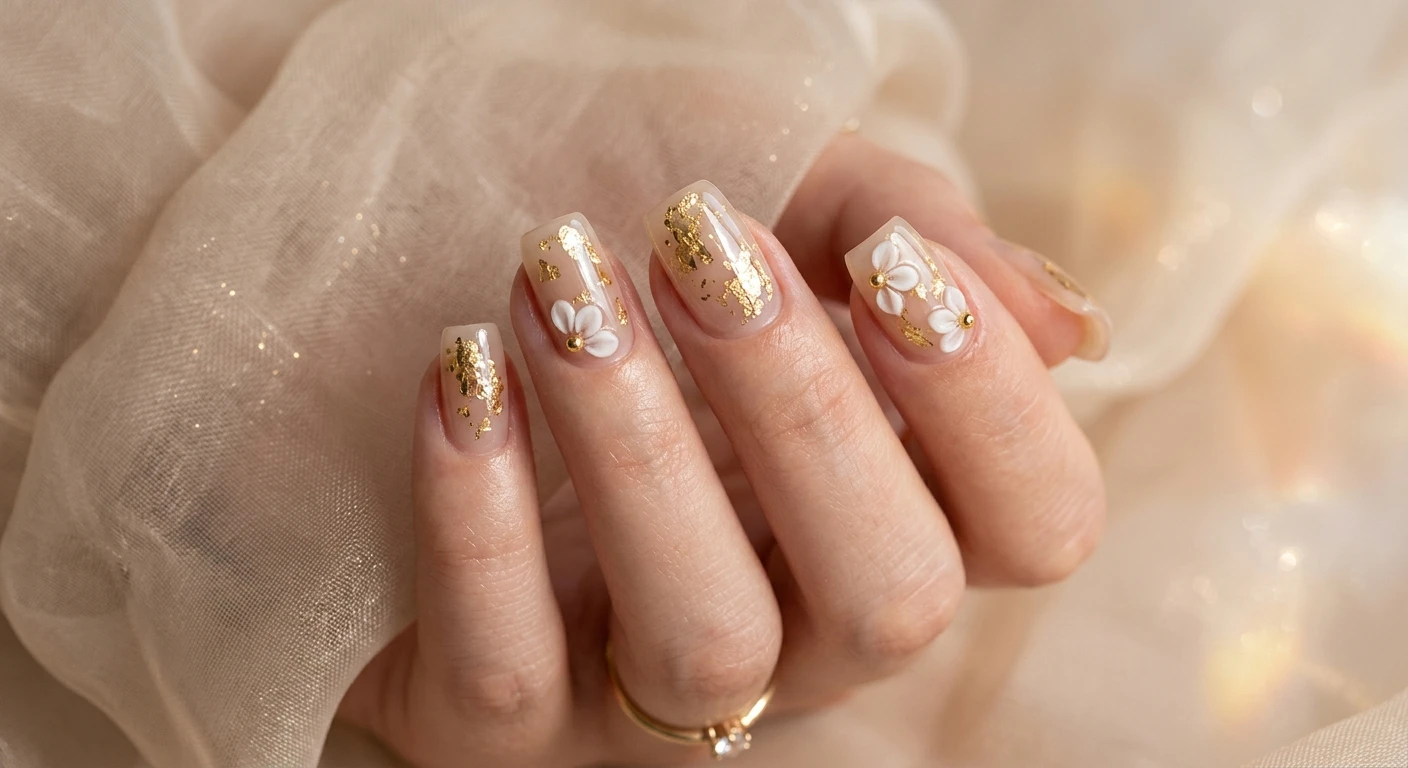 A beautiful macro photograph of one hand showing a nail design in detail, featuring a translucent, glassy neutral beige foundation with encapsulated gold foil fragments catching the light, topped with delicate 3D surface sculpted petals. High-resolution, sharp focus on the nails. Aesthetic sheer organza fabric background with soft, glowing light leaks. Modern, Instagram-worthy photography style. No faces visible, focus ONLY on the nails and hand., macro nail photography, high quality, Instagram-worthy, clean composition