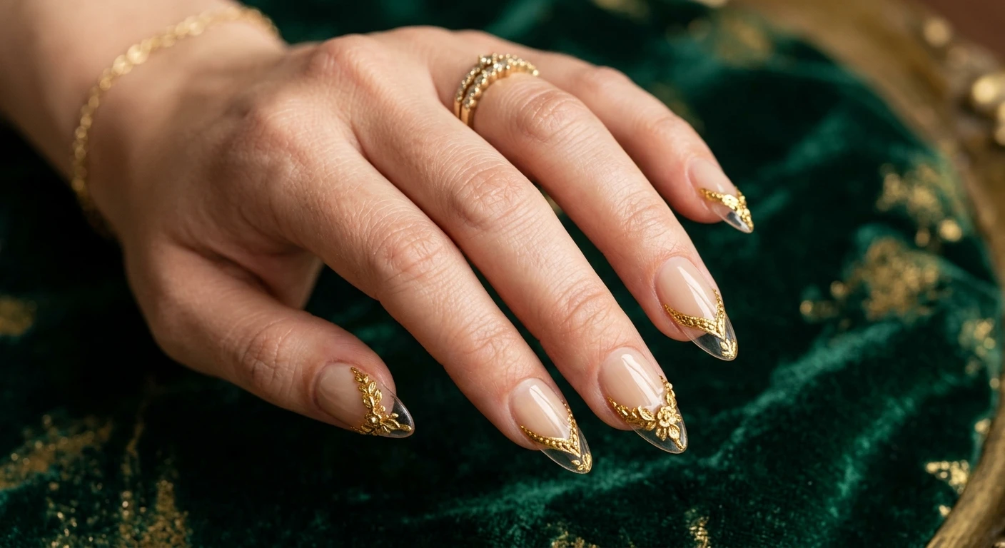 A beautiful macro photograph of one hand showing a detailed nail design. High-resolution, sharp focus on the nails featuring a sheer, natural beige tint over the nail bed with a dramatic, deep V-shaped negative space French tip left completely clear. The border dividing the beige and transparent tip is lined with ornate gold detailing and luxurious 3D baroque botanical floral embellishments. Modern, Instagram-worthy photography style. Aesthetic background featuring rich, dark emerald velvet and subtle antique gold textures. No faces visible, focus ONLY on the nails and hand., macro nail photography, high quality, Instagram-worthy, clean composition