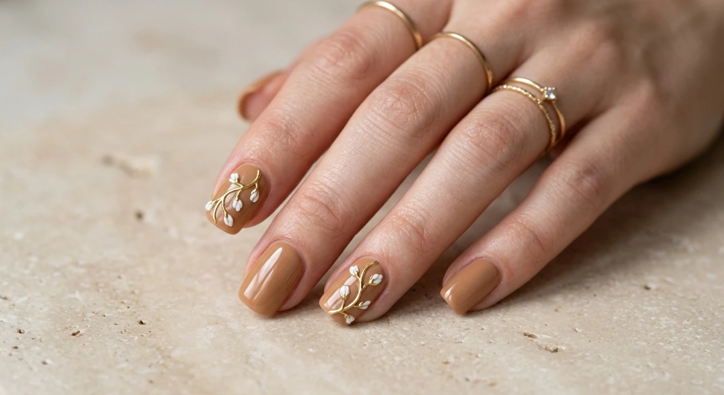 A beautiful macro photograph of one hand showing a detailed nail design, featuring short, natural-looking squoval nails coated in a glossy, medium tan polish. The ring finger and thumb are decorated with ultra-fine, raised 3D metallic gold vines that organically wind diagonally up the nail, sprouting tiny, unopened pure white floral buds along the textured stems. High-resolution, sharp focus on the nails, set against an aesthetic minimalist background of smooth beige stone. Modern, Instagram-worthy photography style, no faces visible, focus ONLY on the nails and hand., macro nail photography, high quality, Instagram-worthy, clean composition
