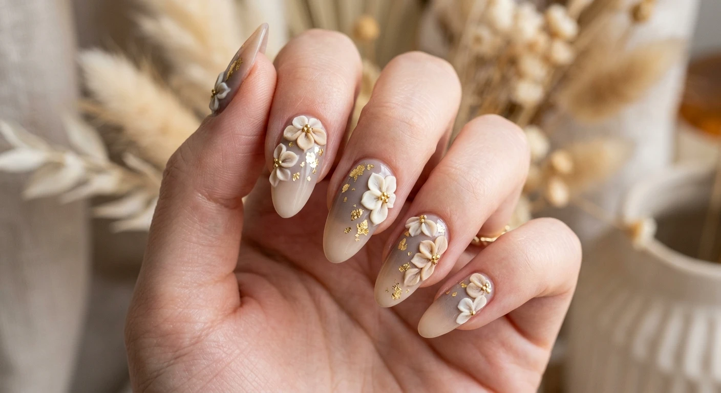 A beautiful macro photograph of one hand showing a nail design in detail, featuring a gradient base blending from cool-toned taupe at the cuticle to soft beige at the tip. A scattered layer of brilliant flat gold leaf sits against the nail bed, while multiple raised 3D acrylic flowers in soft cream and pale tan bloom organically upwards from the cuticle line. High-resolution, sharp focus on the nails. Modern, Instagram-worthy photography style. Aesthetic background of blurred dried neutral botanicals and soft natural light. No faces visible, focus ONLY on the nails and hand., macro nail photography, high quality, Instagram-worthy, clean composition