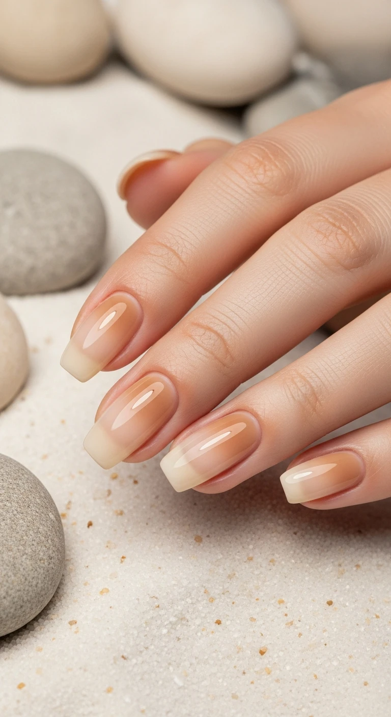 A beautiful macro photograph of one hand showing a Milky Sand Glass nail design in detail. The nails are kept at a short, clean almond shape, painted with an ultra-sheer, milky tan and creamy beige jelly base. The soft, warm sand tone has a translucent, milky glass finish that allows the natural lunula (half-moon) to faintly peek through, topped with a high-gloss shine. High-resolution, sharp focus on the nails. Aesthetic background featuring smooth, neutral-toned beach pebbles and fine, warm white sand. Modern, Instagram-worthy photography style. No faces visible, focus ONLY on the nails and hand., macro nail photography, high quality, Instagram-worthy, clean composition