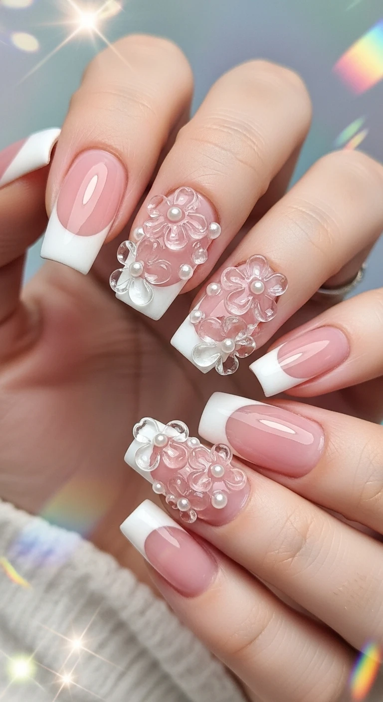 A beautiful macro photograph of one hand showing a 3D jelly blossom French tip nail design in detail. The nails have a translucent, high-shine "jelly" pink base with classic white French tips, overlaid with intricate, transparent 3D sculpted cherry blossoms featuring tiny pearl centers. High-resolution, sharp focus on the raised 3D texture and glossy finish of the nails. The aesthetic background is a dreamy, soft-focus pastel setting with sparkling light leaks. Modern, Instagram-worthy photography style. No faces visible, focus ONLY on the nails and hand., macro nail photography, high quality, Instagram-worthy, clean composition