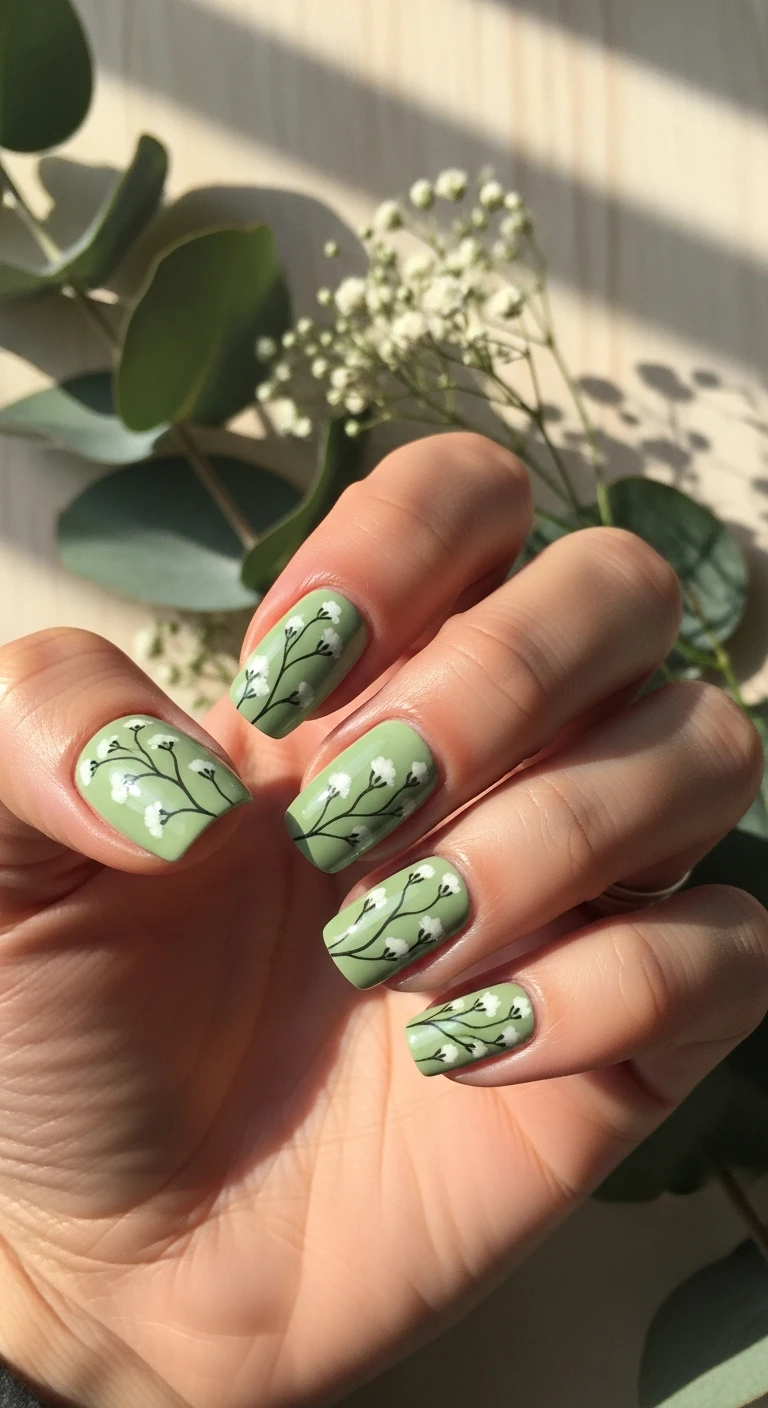A beautiful macro photograph of one hand showing a matcha greenery and baby's breath nail design in detail. The nails are painted in a smooth, creamy matcha-green shade, accented with wispy, delicate white baby's breath flower stems gracefully curving along the nail beds. High-resolution, sharp focus on the nails. Aesthetic background of fresh eucalyptus leaves, natural light wood, and dappled morning sunlight. Modern, Instagram-worthy photography style. No faces visible, focus ONLY on the nails and hand., macro nail photography, high quality, Instagram-worthy, clean composition