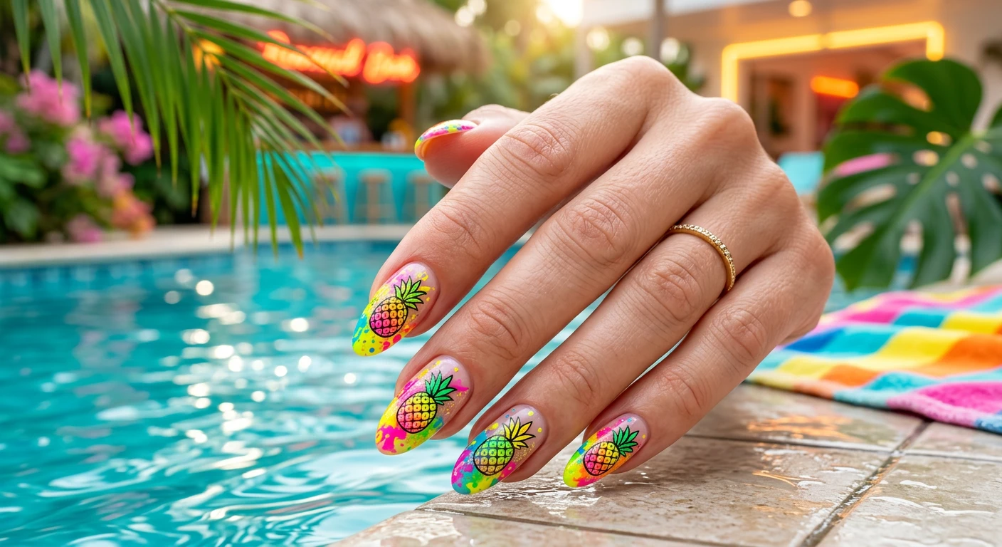 A beautiful macro photograph of one hand showing detailed nail art featuring vibrant neon splash pineapples. The nails showcase bright neon yellow, hot pink, and lime green splatter paint effects layered with tiny, hand-drawn pineapples. High-resolution, sharp focus on the nails. The aesthetic background is a tropical pool setting with a blurred neon glow. Modern, bright, Instagram-worthy photography style. No faces visible, focus strictly on the hand and nails., macro nail photography, high quality, Instagram-worthy, clean composition