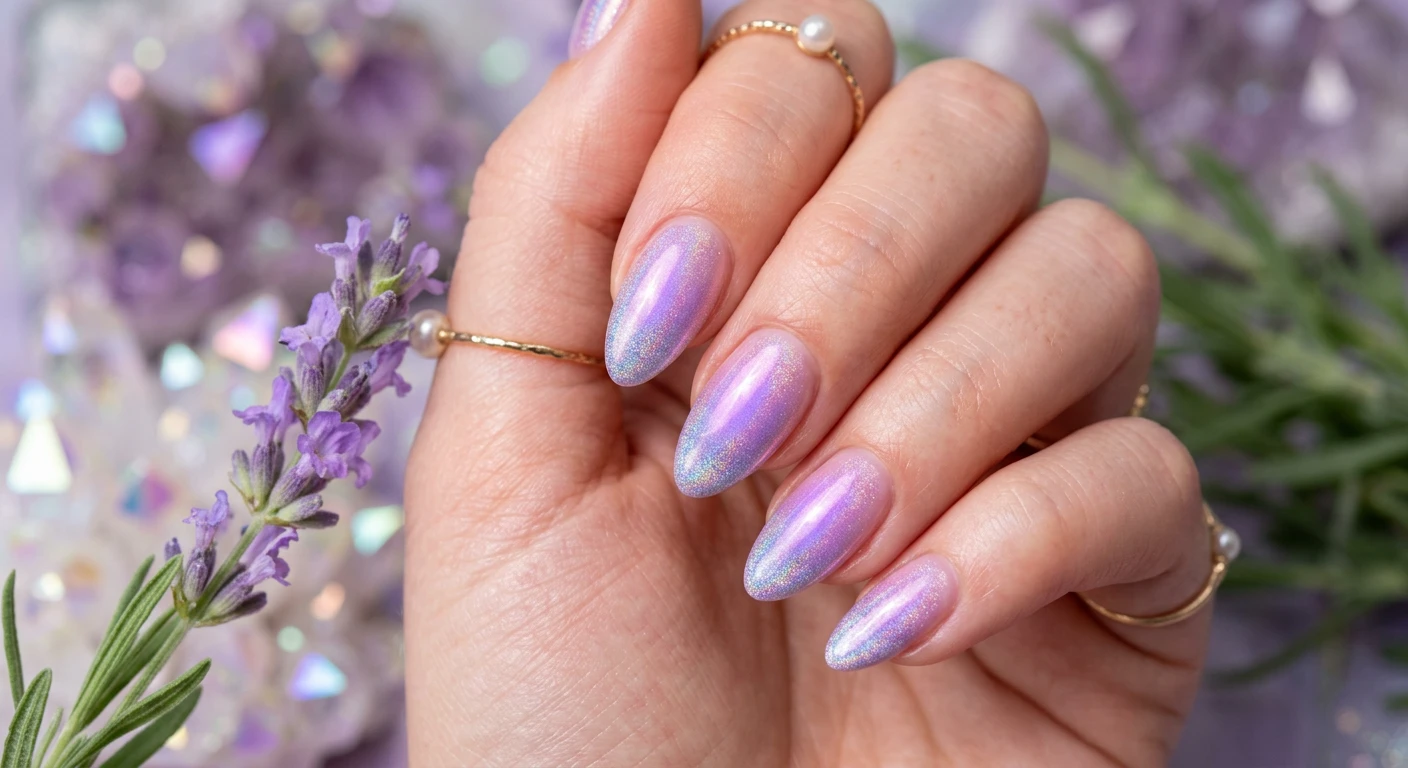 A beautiful macro photograph of one hand showing Holographic Lavender Aura Nails in detail. The nails display a glowing, airbrushed lavender gradient radiating outward from the center of a sheer pink base, finished with a mesmerizing holographic shimmer topcoat. High-resolution, sharp focus on the nails. The aesthetic background features soft-focus iridescent crystals and a delicate sprig of fresh lavender. Modern, Instagram-worthy photography style. No faces visible, focus ONLY on the nails and hand., macro nail photography, high quality, Instagram-worthy, clean composition