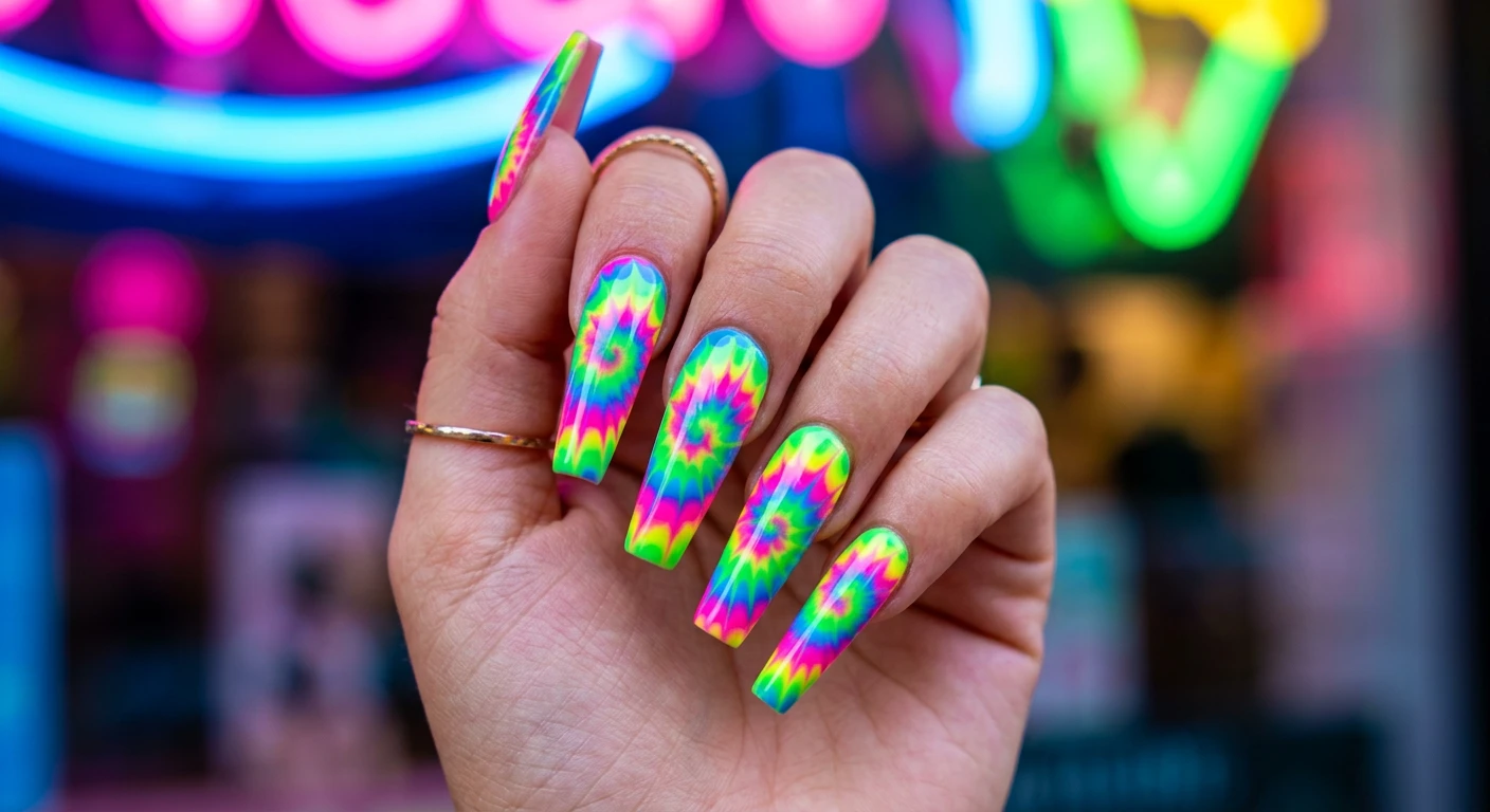A beautiful macro photograph of one hand showing long coffin-shaped acrylic nails in detail, featuring a tight spiral tie-dye pattern in bright neon pink, lime green, electric blue, and highlighter yellow with a high-gloss, ultra-reflective top coat. High-resolution, sharp focus on the nails, set against an aesthetic background of glowing neon lights to match the electric summer theme. Modern, Instagram-worthy photography style, no faces visible, focus ONLY on the nails and hand., macro nail photography, high quality, Instagram-worthy, clean composition
