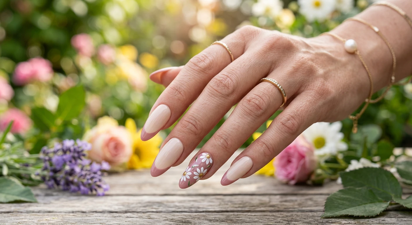 A beautiful macro photograph of one hand showing long almond-shaped nails with a soft beige base and dusty rose French tips. The ring finger stands out with a solid dusty rose background featuring delicate, hand-painted white daisies with tiny gold centers. High-resolution, sharp focus on the nails. The background is an aesthetic, softly blurred spring garden with warm sunlight. Modern, Instagram-worthy photography style. No faces visible, focus exclusively on the hand and nail art., macro nail photography, high quality, Instagram-worthy, clean composition