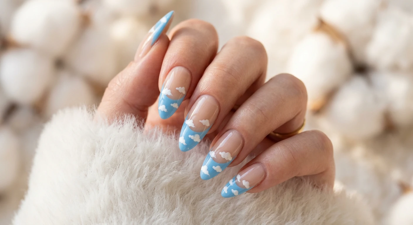 A beautiful macro photograph of one hand showing long almond-shaped nails in detail, no faces visible. The design features a sheer beige base with bright, glossy sky blue French tips, decorated with tiny, hand-painted fluffy white clouds scattered across the tips and cascading slightly down into the nail bed. High-resolution, sharp focus on the nails. Modern, Instagram-worthy photography style against a soft, dreamy aesthetic background of diffused sunlight and plush white cotton-like textures., macro nail photography, high quality, Instagram-worthy, clean composition