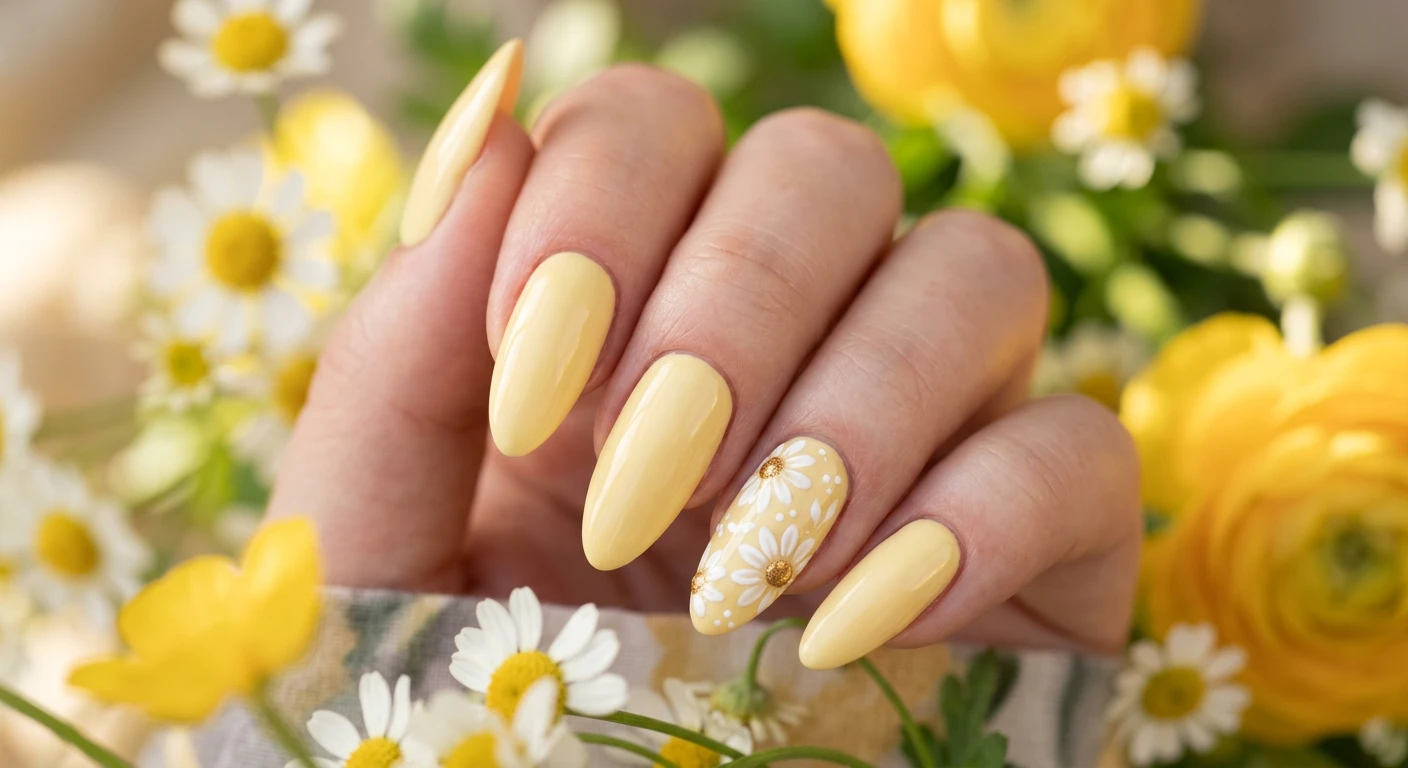 A beautiful macro photograph of one hand showing long almond-shaped nails painted in a solid, creamy pastel whipped buttercream yellow polish. The finish is extremely glossy and perfectly smooth, reflecting light beautifully. The ring finger features delicate, hand-painted white daisy accents with tiny, metallic gold dots in the center. High-resolution, sharp focus on the nails and hand only, no faces visible. Modern, Instagram-worthy photography style with an aesthetic background of blurred soft yellow spring flowers and natural sunlight., macro nail photography, high quality, Instagram-worthy, clean composition