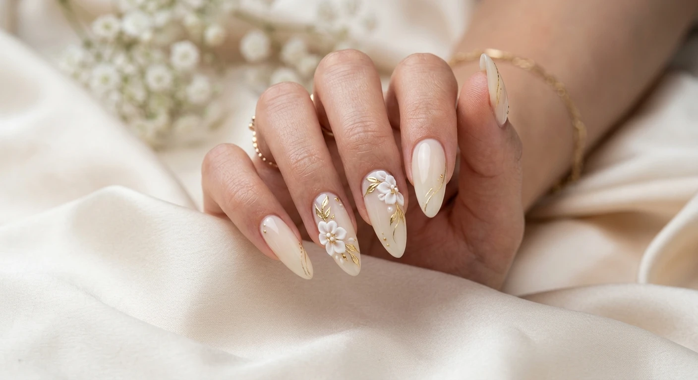 A beautiful macro photograph of one hand showing long almond-shaped nails in detail. The design features a soft, translucent cream-toned gel base coat with delicate, hand-sculpted white 3D acrylic flowers blooming near the cuticles of the ring and middle fingers. Intricate, ultra-thin gold metallic leaves are painted sweeping upward from the floral centers. The background is an aesthetic, soft, draped silk setting related to an ethereal cream blossom theme. High-resolution, sharp focus on the nails, modern Instagram-worthy photography style, no faces visible, focus ONLY on the nails and hand., macro nail photography, high quality, Instagram-worthy, clean composition