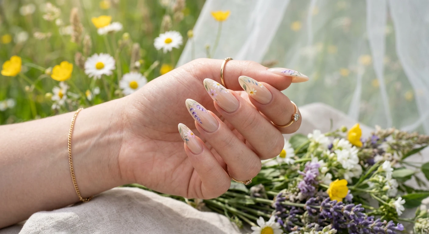 A beautiful macro photograph of one hand showing long, elegantly tapered almond-shaped nails in detail. The nails feature a solid, semi-sheer beige base with delicate, semi-translucent watercolor wildflowers on the tips in blending shades of soft lavender, baby pink, and pale butter yellow, complete with ultra-fine, wispy sage green stems. High-resolution, sharp focus on the nails. Aesthetic background of soft, blurred spring meadows and sheer fabrics. Modern, Instagram-worthy photography style. No faces visible, focus ONLY on the nails and hand., macro nail photography, high quality, Instagram-worthy, clean composition