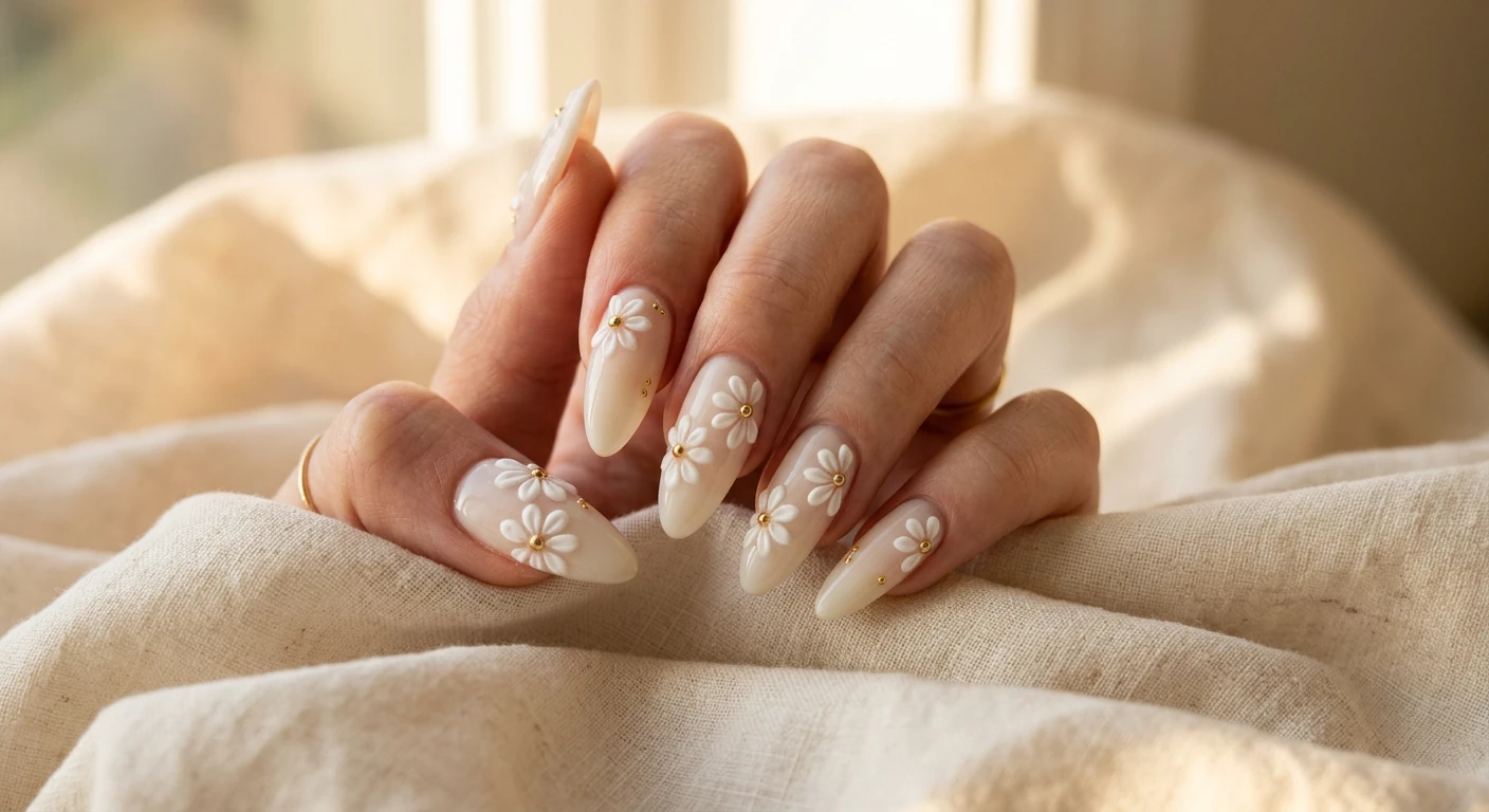 A beautiful macro photograph of one hand showing long elegant nails in detail, featuring a semi-sheer milky cream base polish adorned with intricate 3D sculpted daisy accents and tiny gold centers. High-resolution, sharp focus on the nails. Aesthetic background featuring draped creamy linen and warm, elegant golden hour sunlight. Modern, Instagram-worthy photography style, no faces visible, focus ONLY on the nails and hand., macro nail photography, high quality, Instagram-worthy, clean composition