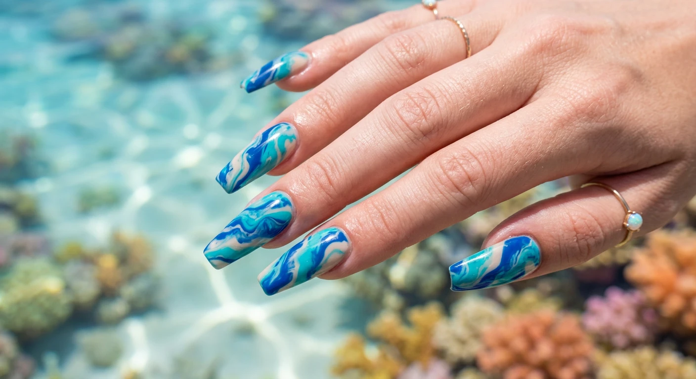 A beautiful macro photograph of one hand showing long coffin shape nails in detail. The design features an abstract, fluid swirling marble pattern using a combination of deep cobalt blue, bright tropical teal, and soft creamy beige seamlessly blended to look like ocean currents, finished with a glossy top coat. High-resolution, sharp focus on the nails. Aesthetic background featuring blurred tropical coral reef hues and clear, sun-dappled shallow water. Modern, Instagram-worthy photography style. No faces visible, focus ONLY on the nails and hand., macro nail photography, high quality, Instagram-worthy, clean composition